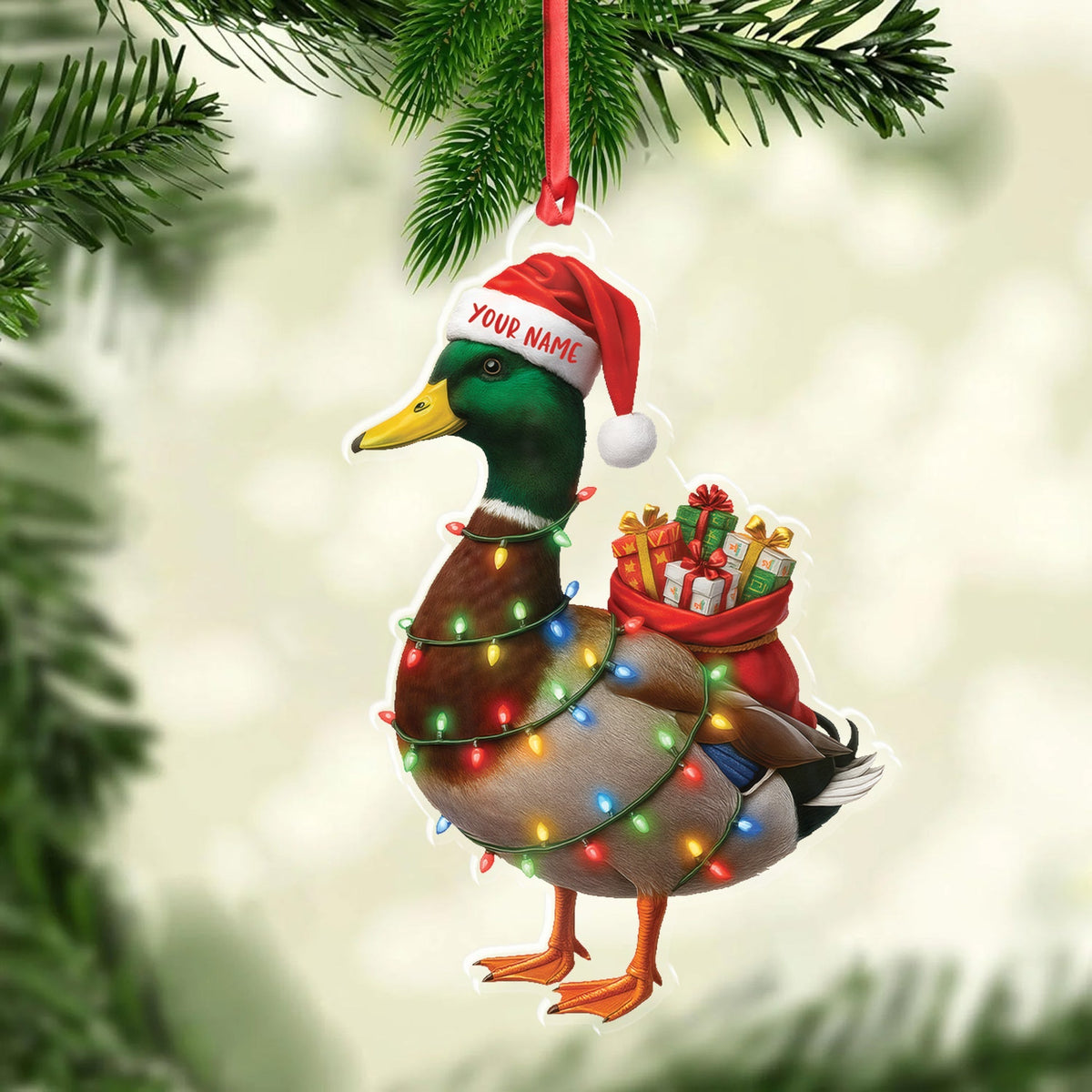 Blisscorners Funny Christmas Duck Acrylic Ornament - Mallard Santa with Lights and Gifts, Personalized Holiday Decoration for Duck Lovers, Unique Hunter Christmas Gift