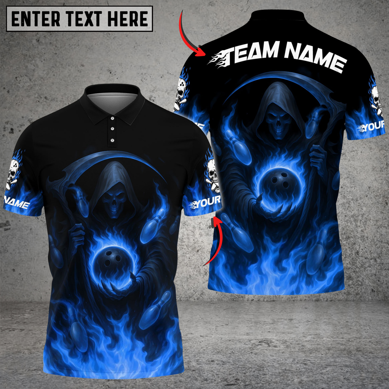 Blisscorners Bowling And Pins Flaming Reaper Customized Name, Team Name 3D Shirt (4 Colors)