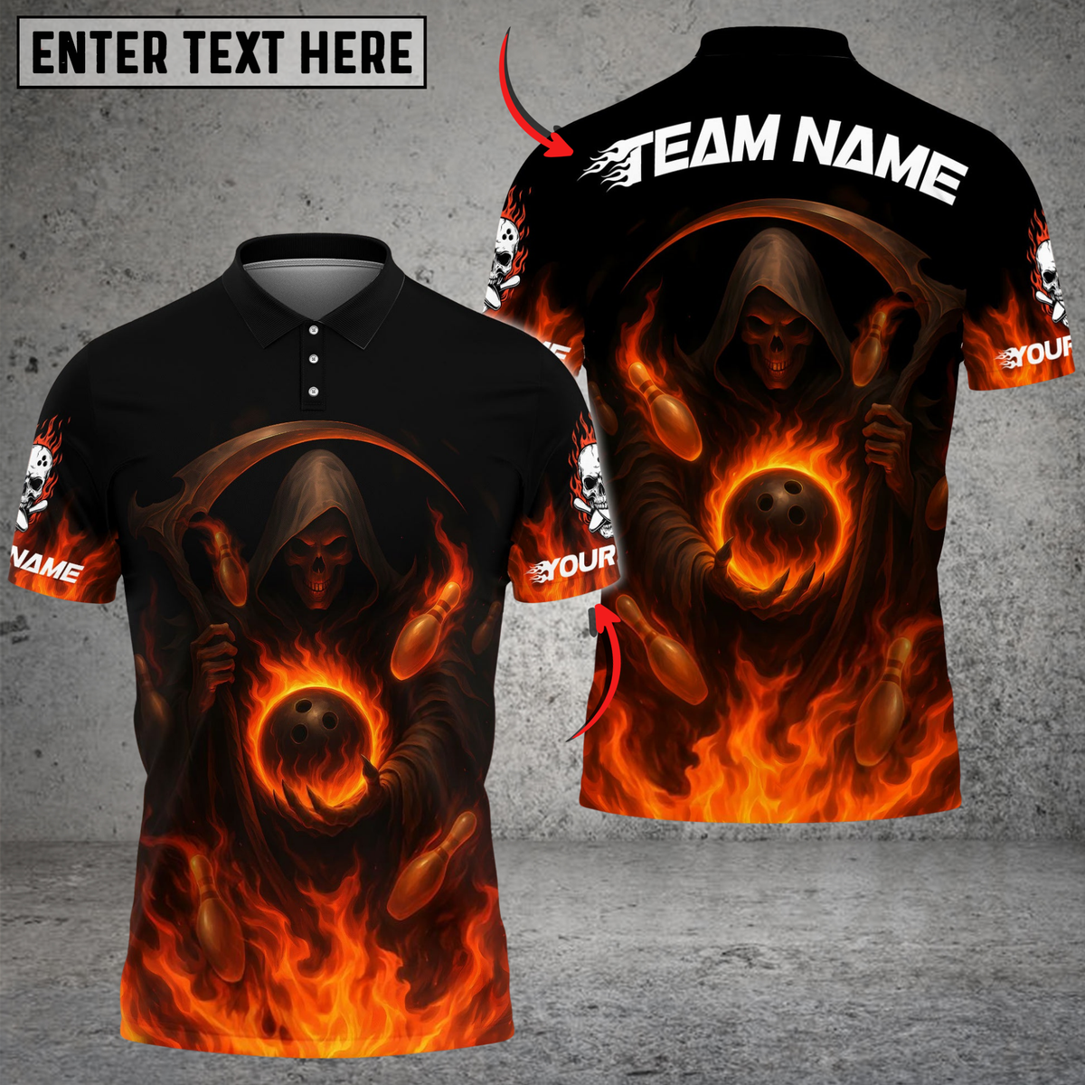 Blisscorners Bowling And Pins Flaming Reaper Customized Name, Team Name 3D Shirt (4 Colors)