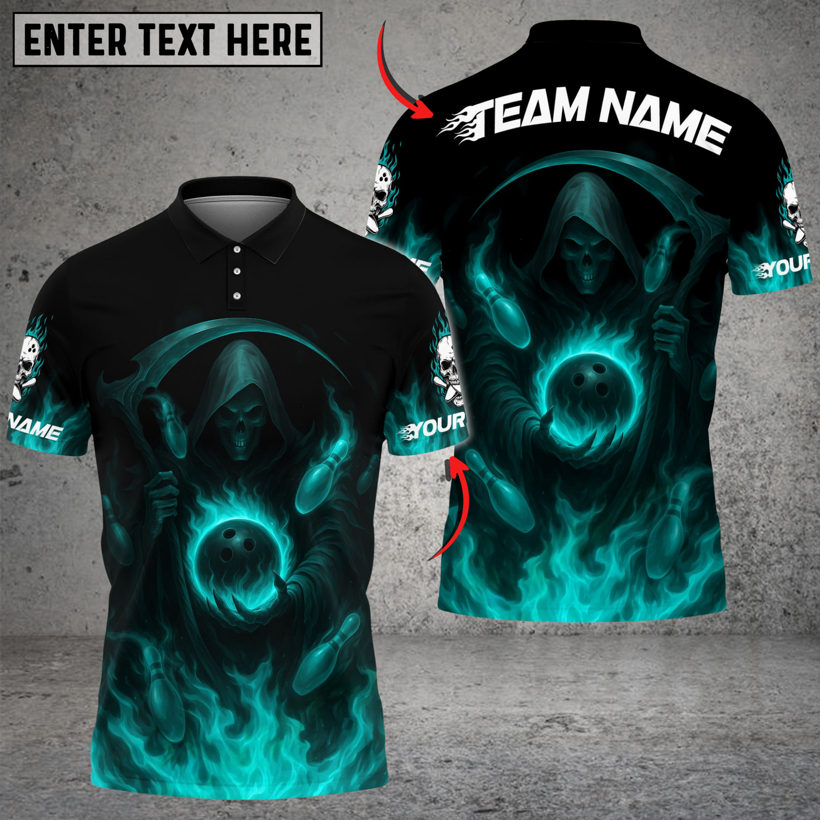 Blisscorners Bowling And Pins Flaming Reaper Customized Name, Team Name 3D Shirt (4 Colors)