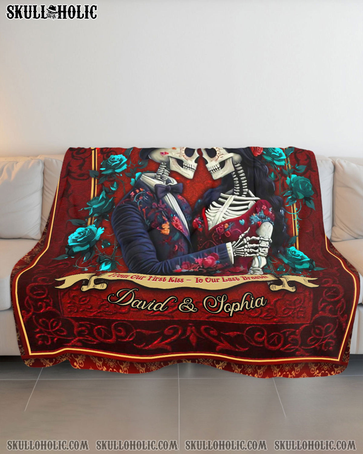 BLISSCORNERS PERSONALIZED FROM OUR FIRST KISS SKULL COUPLE FLEECE BLANKET