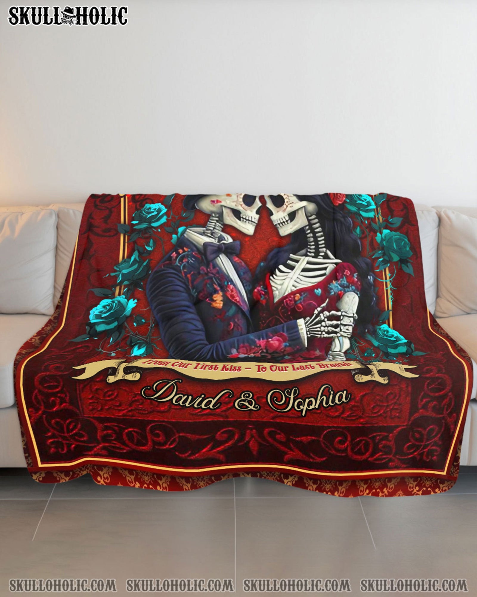 BLISSCORNERS PERSONALIZED FROM OUR FIRST KISS SKULL COUPLE FLEECE BLANKET