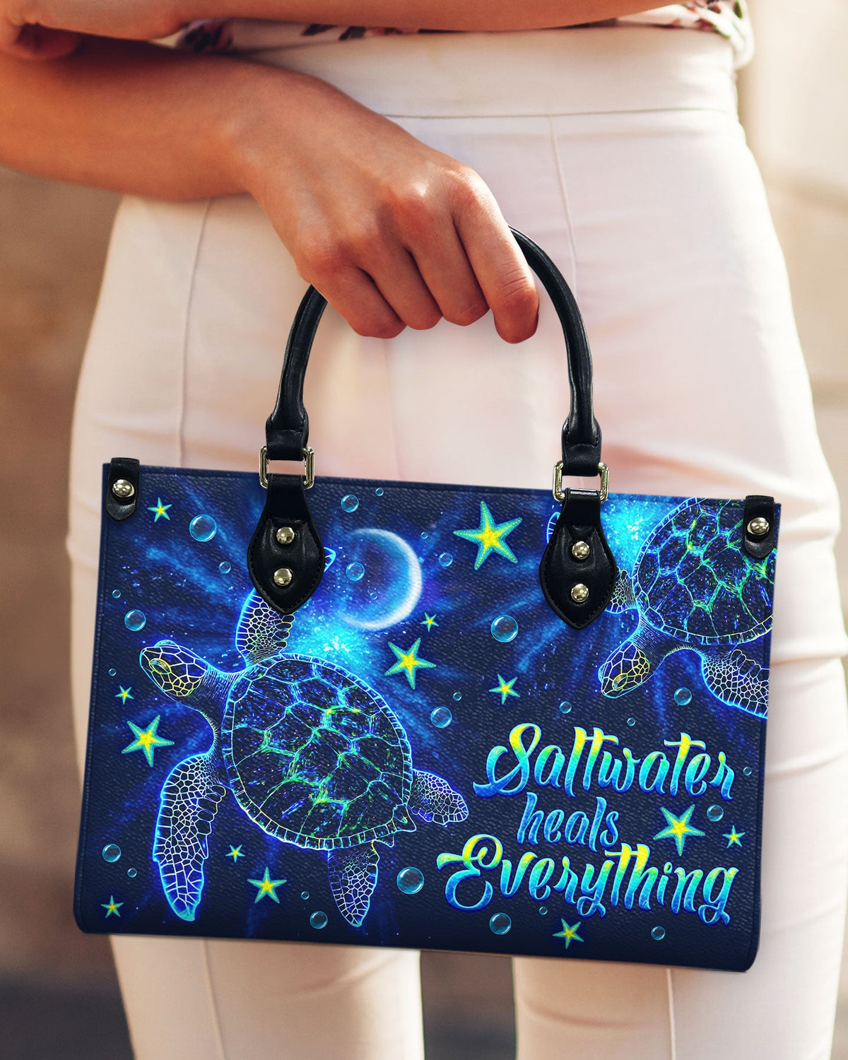 BLISSCORNERS SALTWATER HEALS EVERYTHING TURTLE  LEATHER HANDBAG