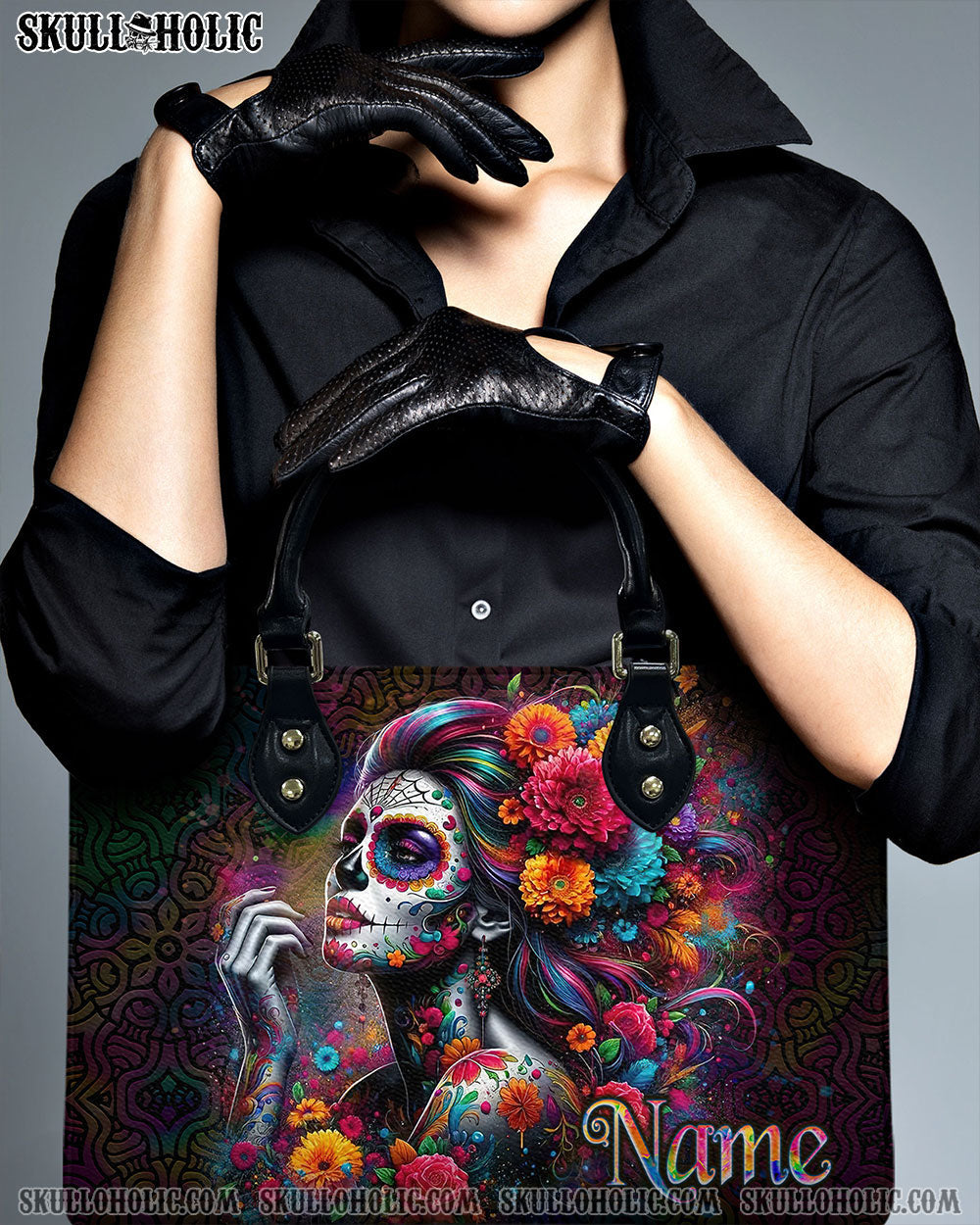 BLISSCORNERS SUGAR SKULL FLOWER ART LEATHER HANDBAG