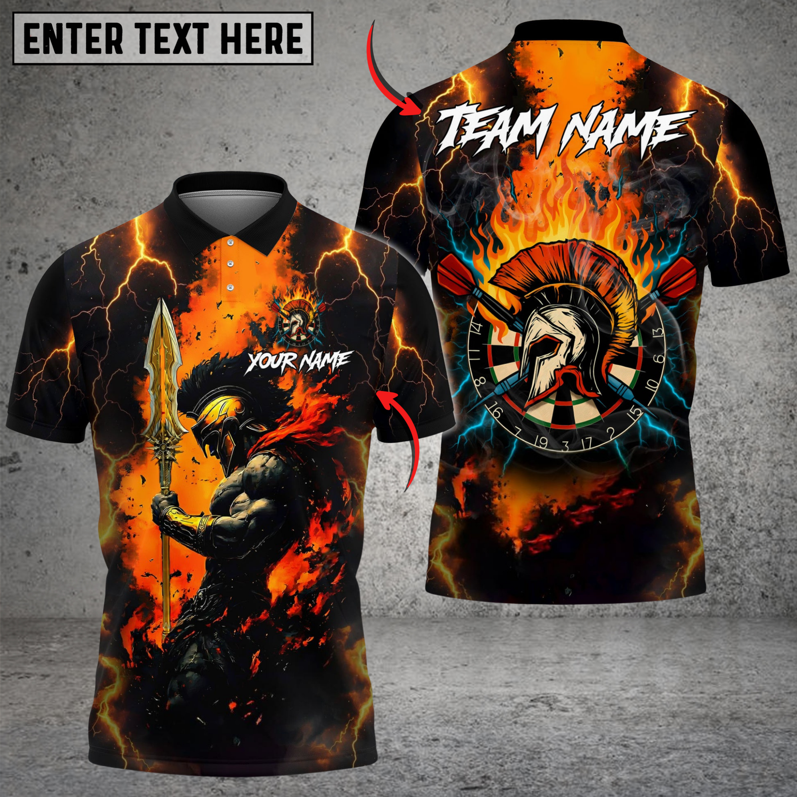 Blisscorners Darts Spartan Lightning Flame Personalized Name, Team Name Shirt (4 Colors)