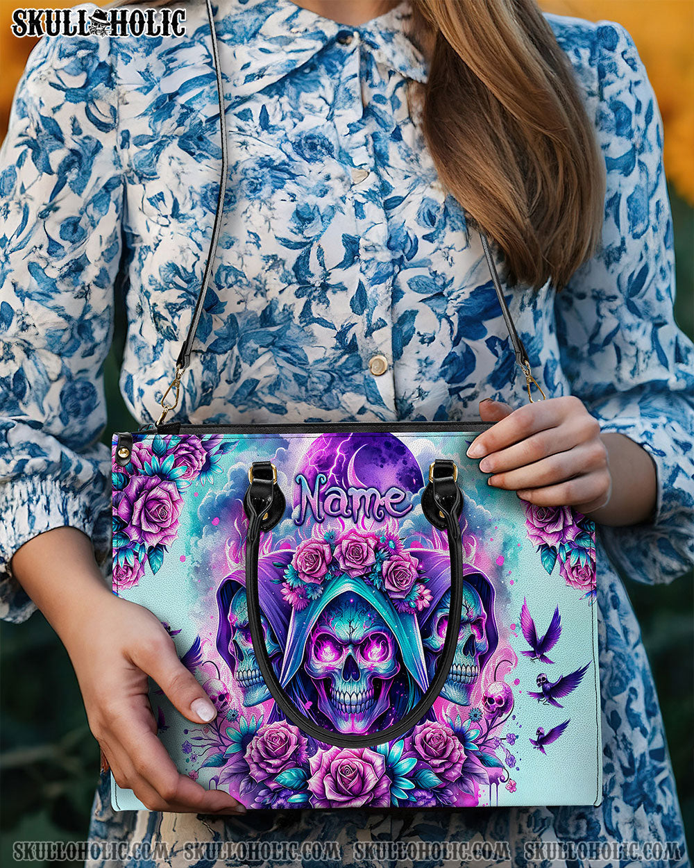 BLISSCORNERS THREE SKULL REAPER ROSES LEATHER HANDBAG