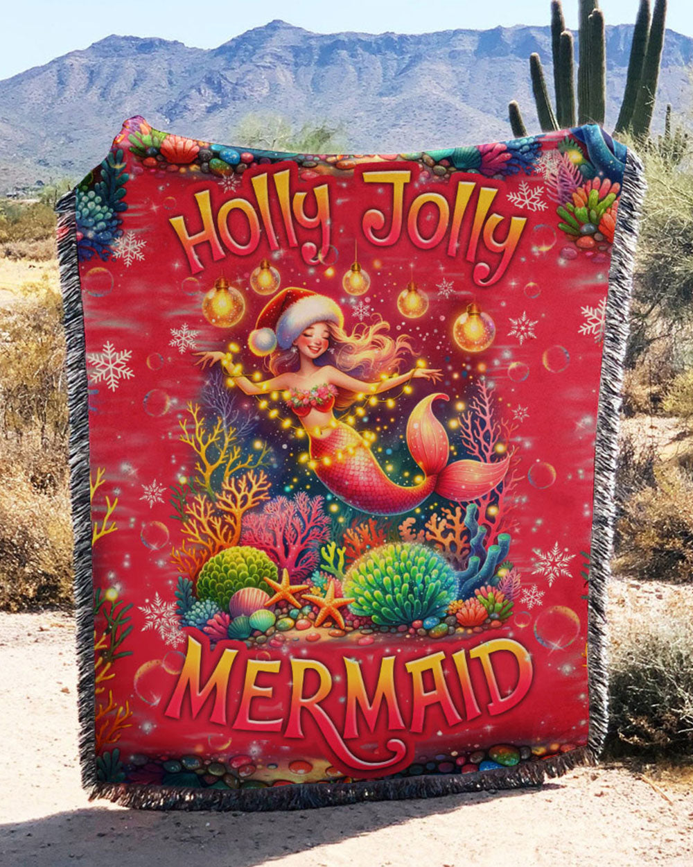 BLISSCORNERS HOLLY JOLLY MERMAID CHRISTMAS WOVEN AND FLEECE BLANKET