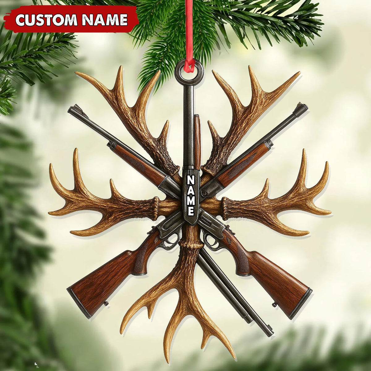 Blisscorners Custom Name Hunting Ornament, Antlers and Rifles Christmas Decor for Hunters LM0411