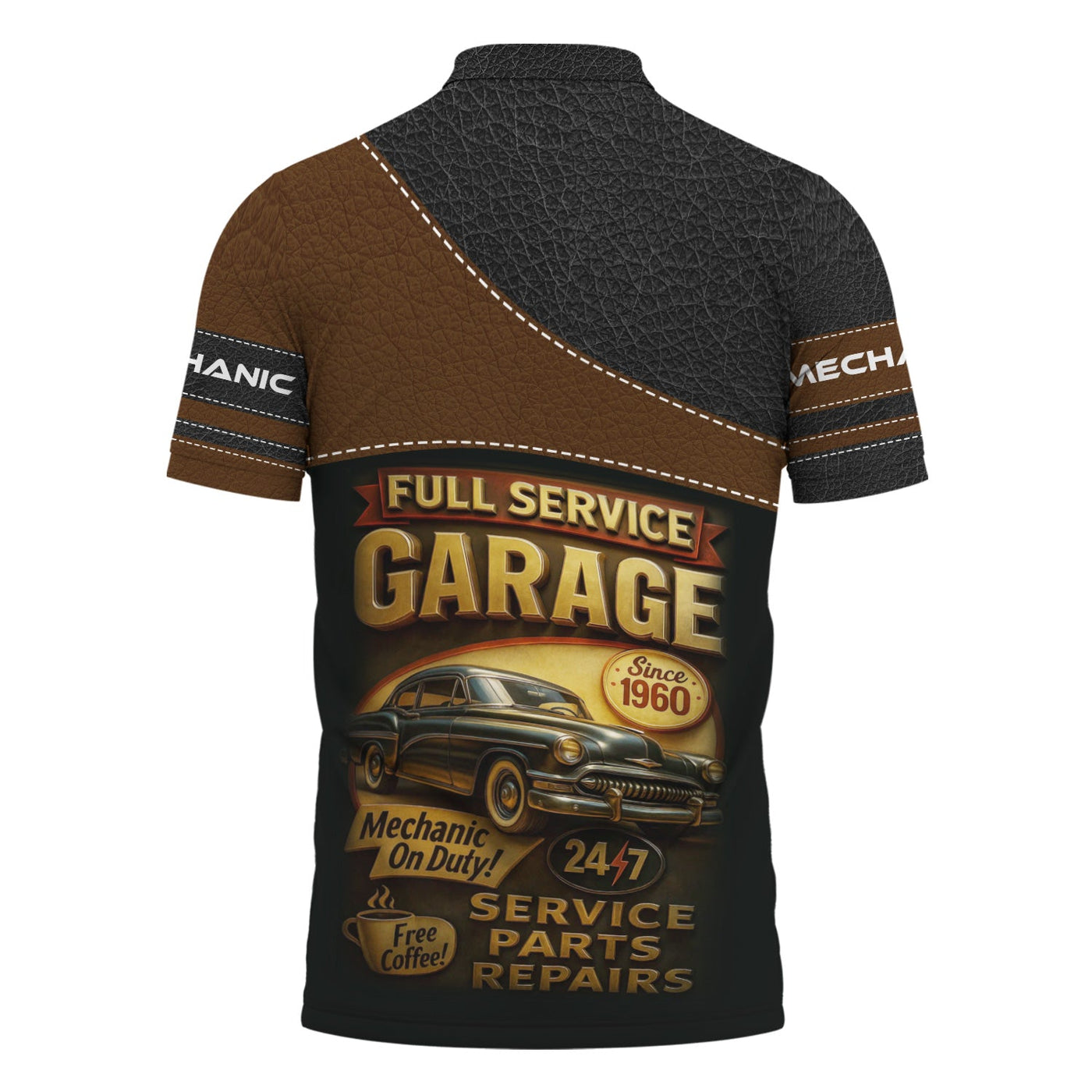 Blisscorners Personalized Mechanic Shirt, Full Service Garage Mechanic On Duty, Leather Printed Design, Custom Year, Gift For Men