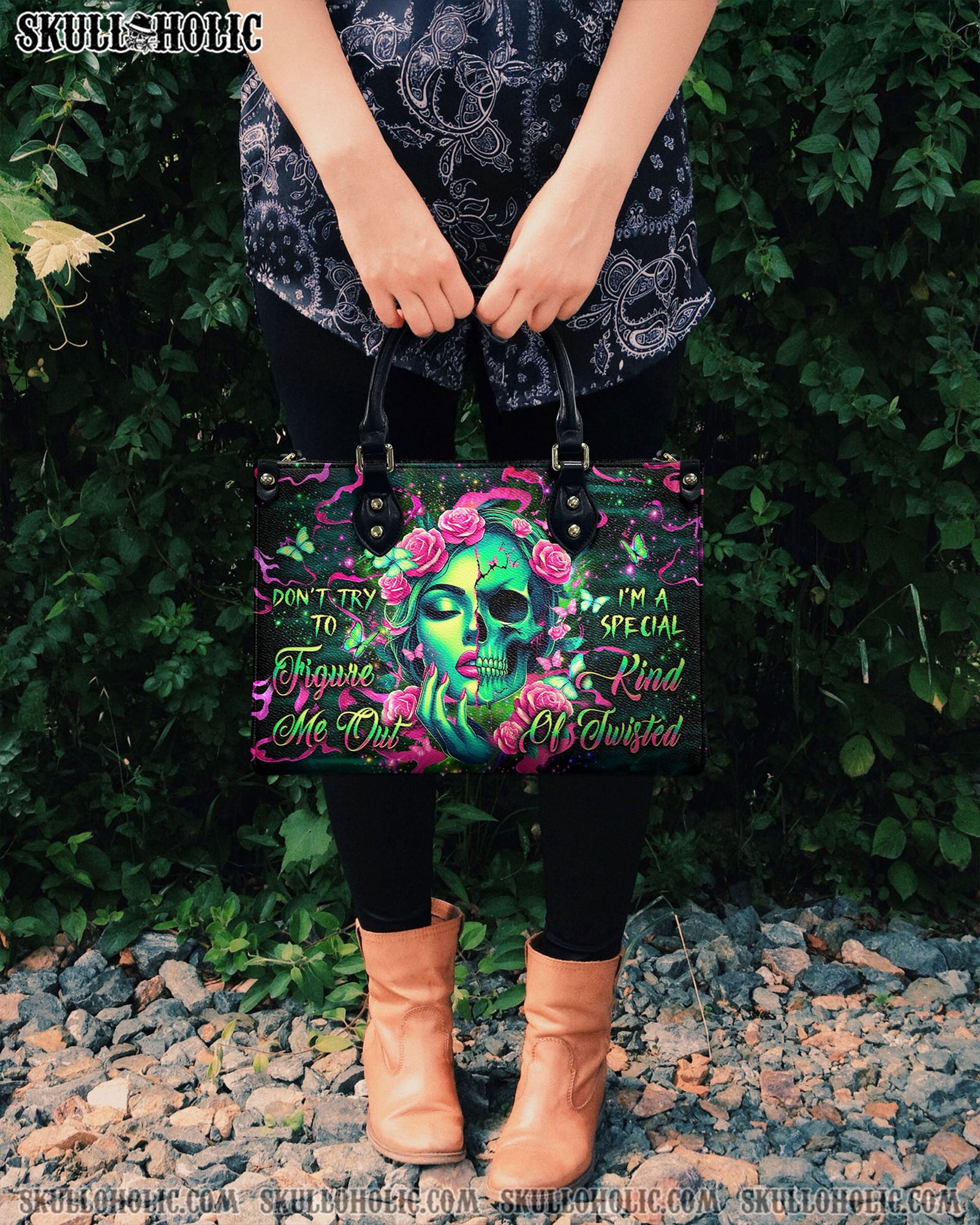 BLISSCORNERS DON'T TRY TO FIGURE ME OUT SKULL LEATHER HANDBAG
