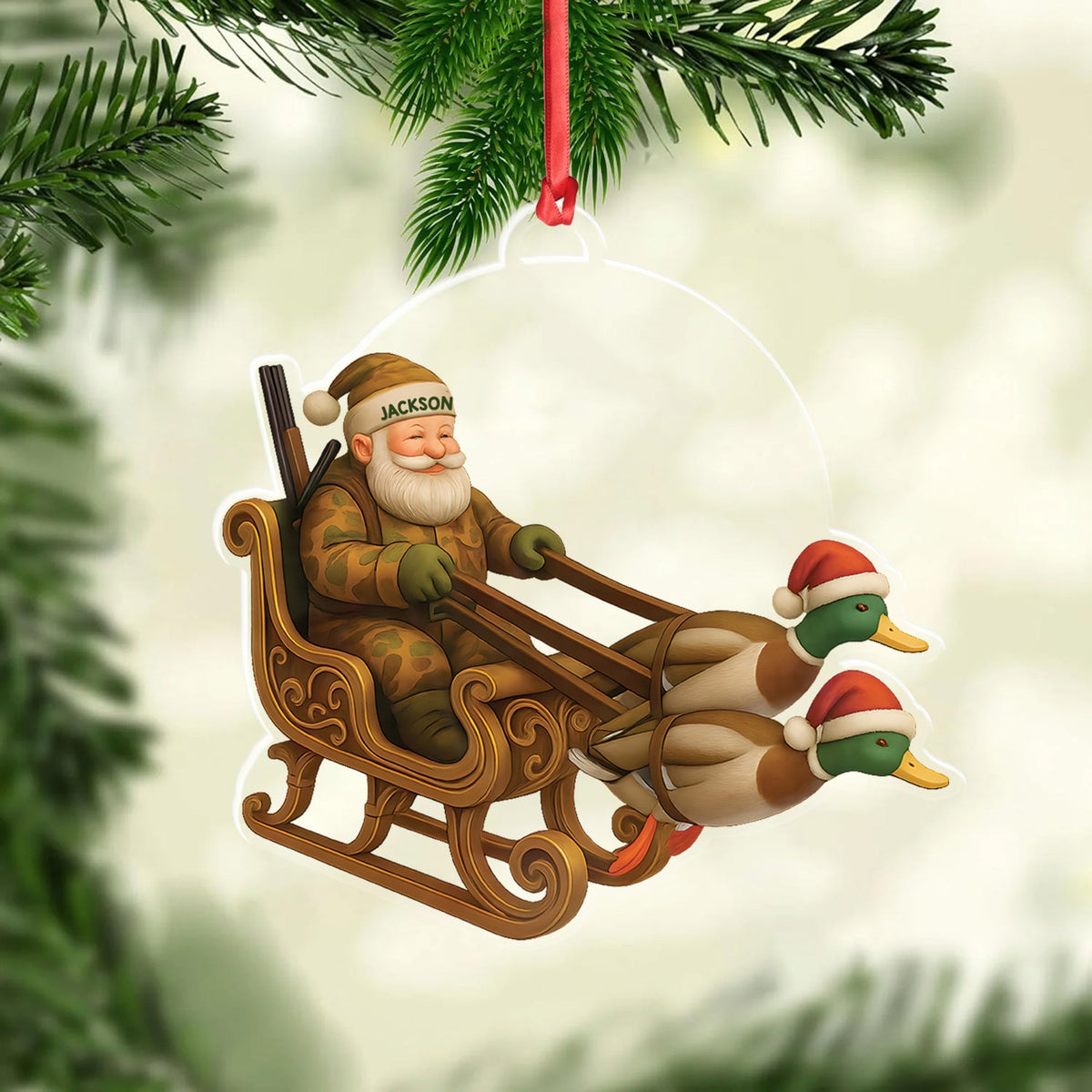 Blisscorners Personalized Funny Santa Hunter Acrylic Ornament- Duck Hunting Christmas Wall Art, Santa Claus with Ducks Sleigh, Custom Hunter Gift for Men LM0411