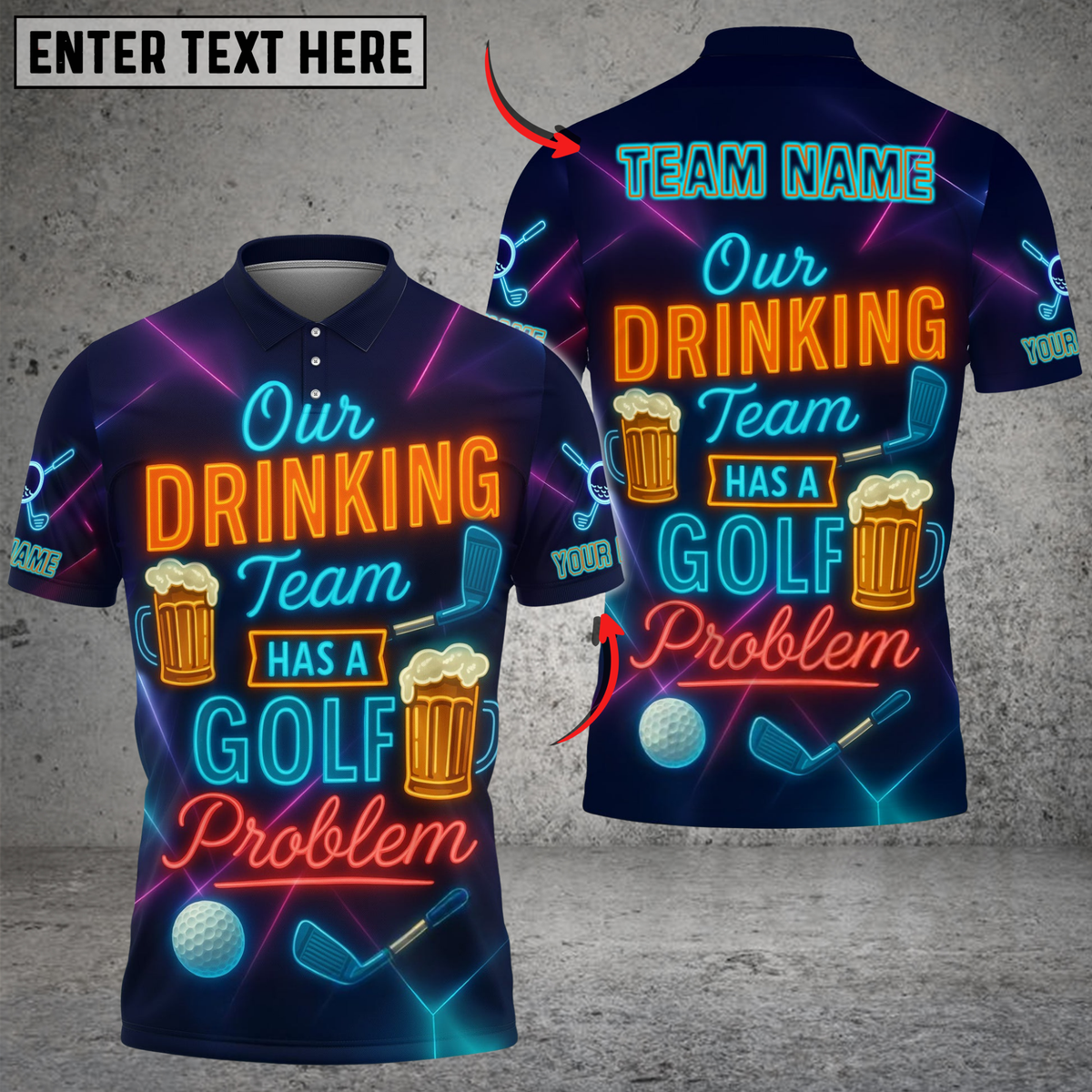 Blisscorners Neon Beer Funny Golf Polo Shirt, Custom Name &amp; Team Name Golf 3D Shirts