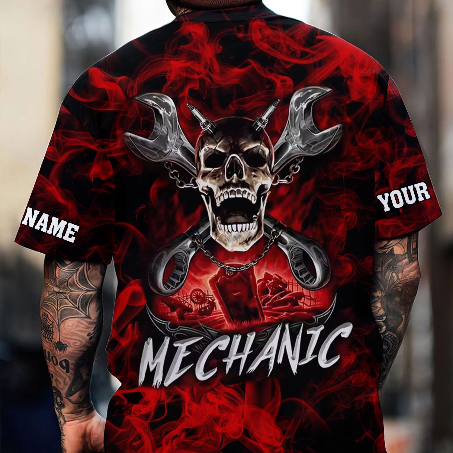 Blisscorners Custom Name Skull Wrench Cross Mechanic Shirt Smoking Style Printed Jacket Hoodie All Over Print