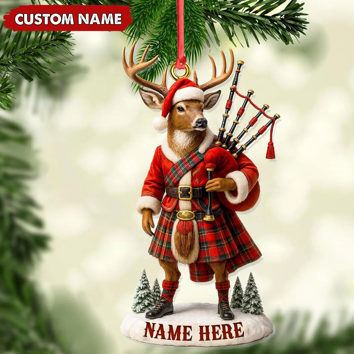 Blisscorners Personalized Scottish Deer Ornament, Custom Name Highland Bagpiper Christmas Decoration LM0411