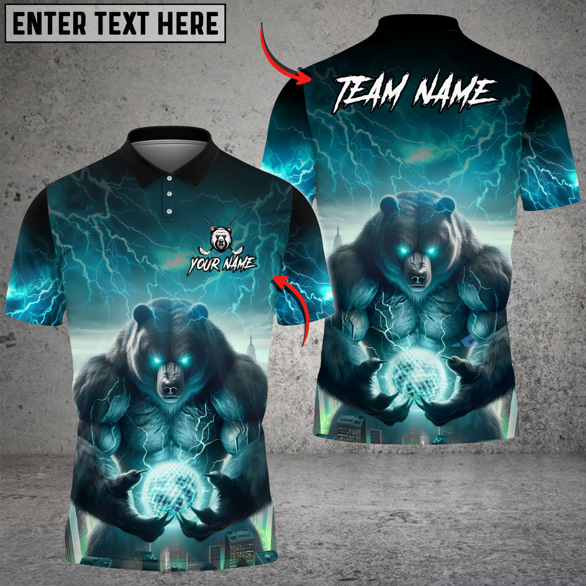 Blisscorners Thunder Bear Golf Polo Funny Golf Polo Shirt, Customized Name & Team Name 3D Shirts (4 Colors)
