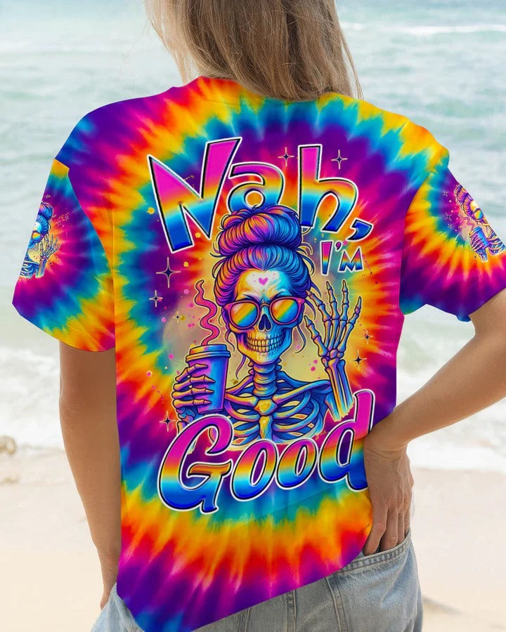 BLISSCORNERS NAH I'M GOOD MESSY BUN SKULL TIE DYE ALL OVER PRINT 1