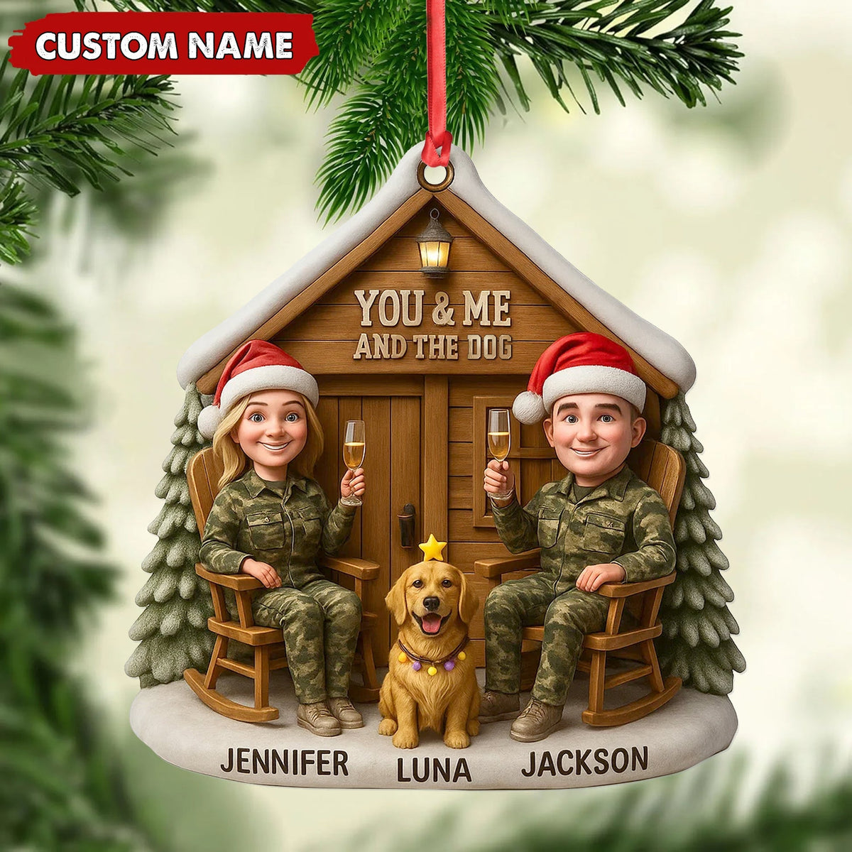 Blisscorners Personalized Hunter Couple Dog Christmas Ornament, Custom Name “You and Me and the Dog” Cabin, Cute Hunting Family Pet Lover Gift