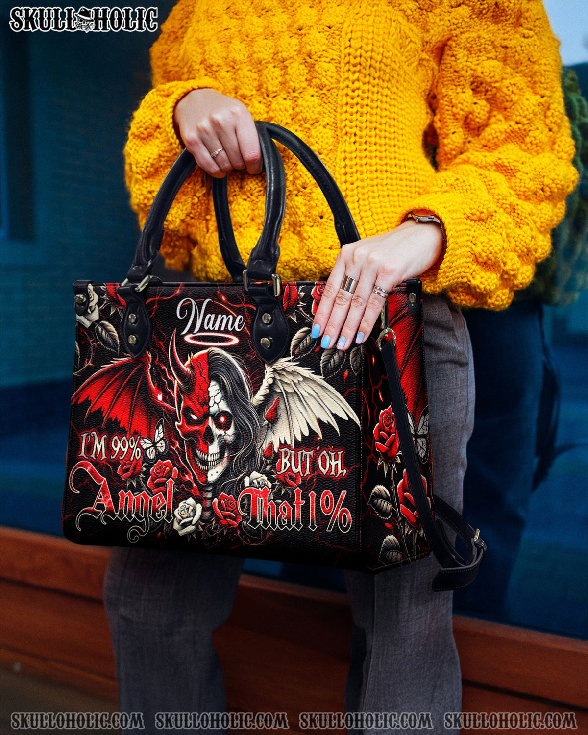 BLISSCORNERS I'M 99 PERCENT ANGEL LEATHER HANDBAG