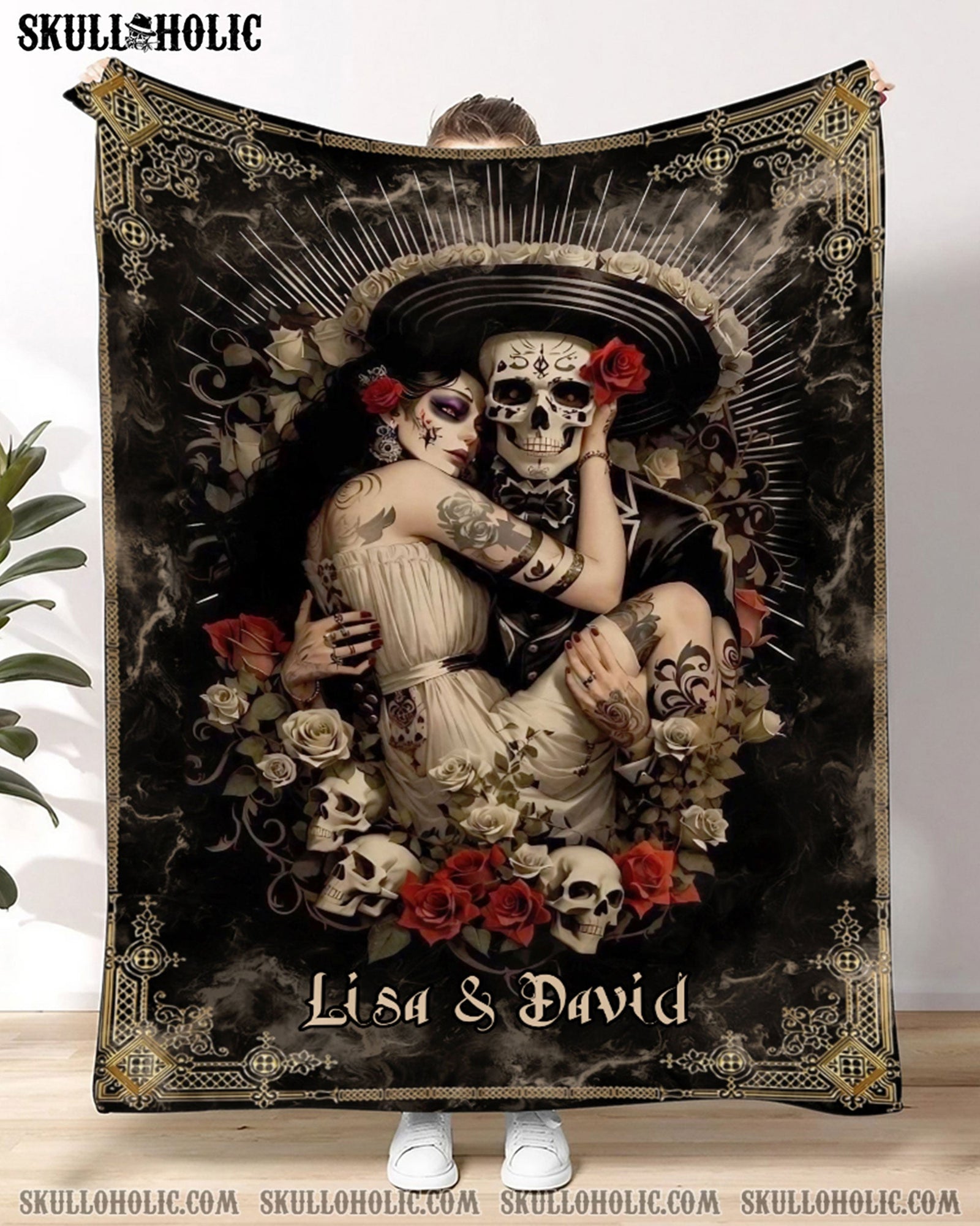 BLISSCORNERS PERSONALIZED VINTAGE SKULL COUPLE FLEECE BLANKET