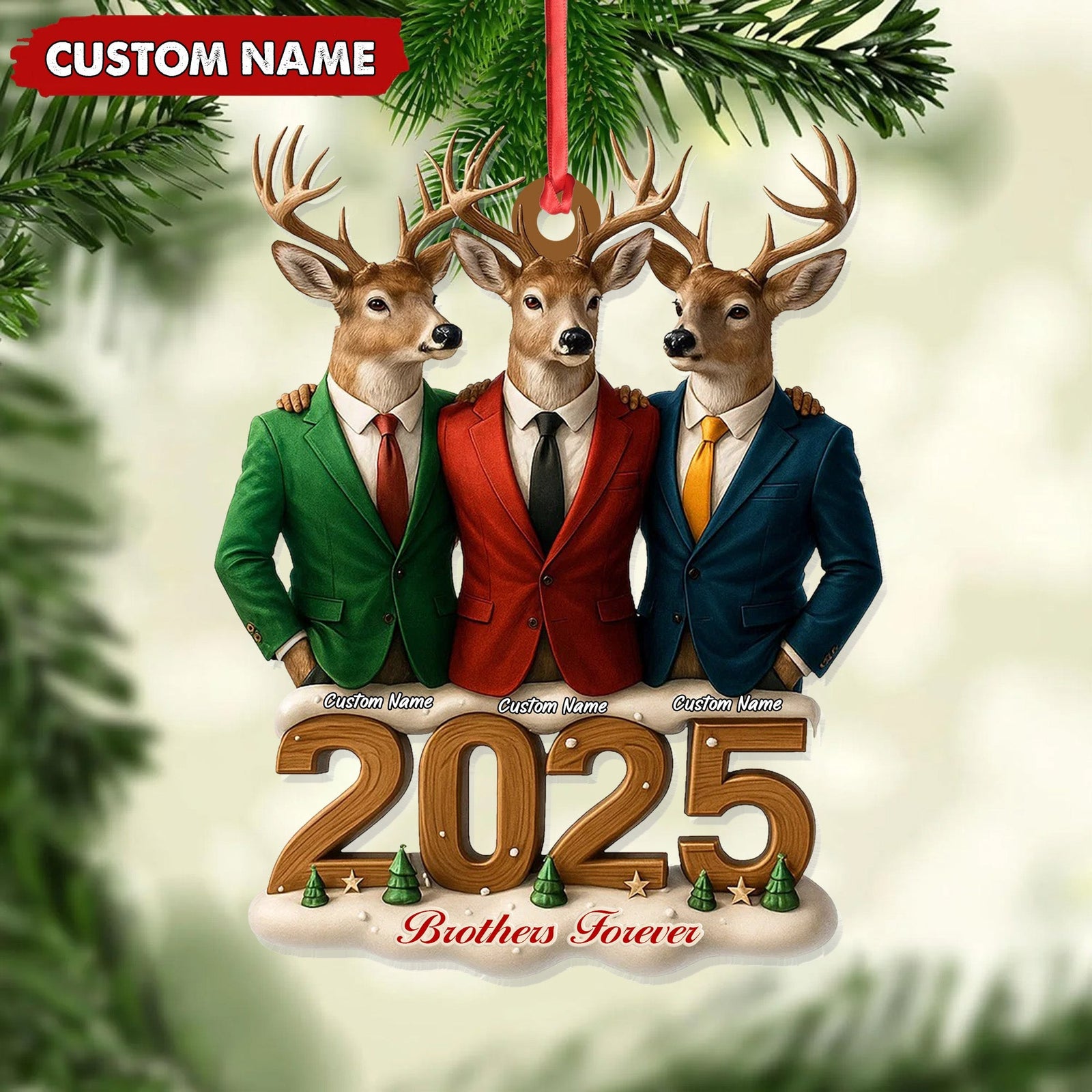Blisscorners Personalized Brothers Forever 2025 Christmas Ornament, Custom Name Deer Trio in Suits, Funny Family Brother Gift Decor MT2411