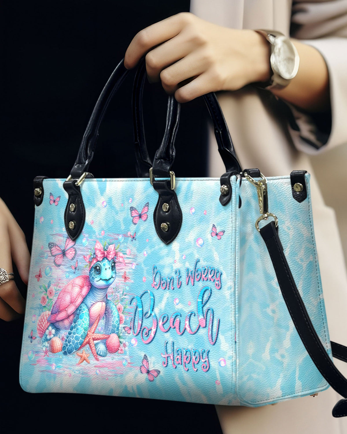 BLISSCORNERS DON'T WORRY BEACH HAPPY TURTLE LEATHER HANDBAG