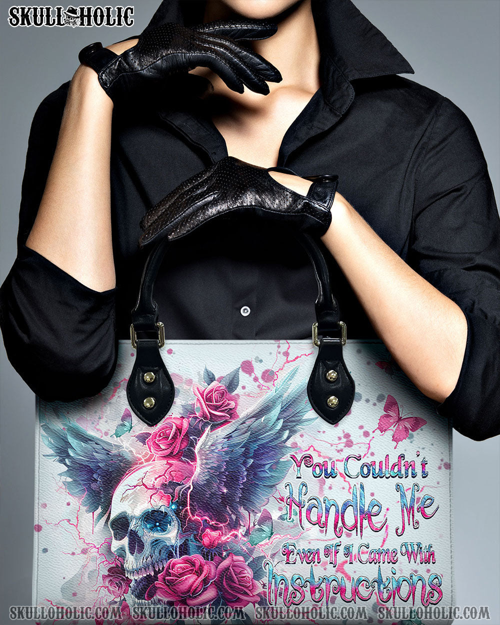 BLISSCORNERS YOU COULDN'T HANDLE ME SKULL WINGS LEATHER HANDBAG