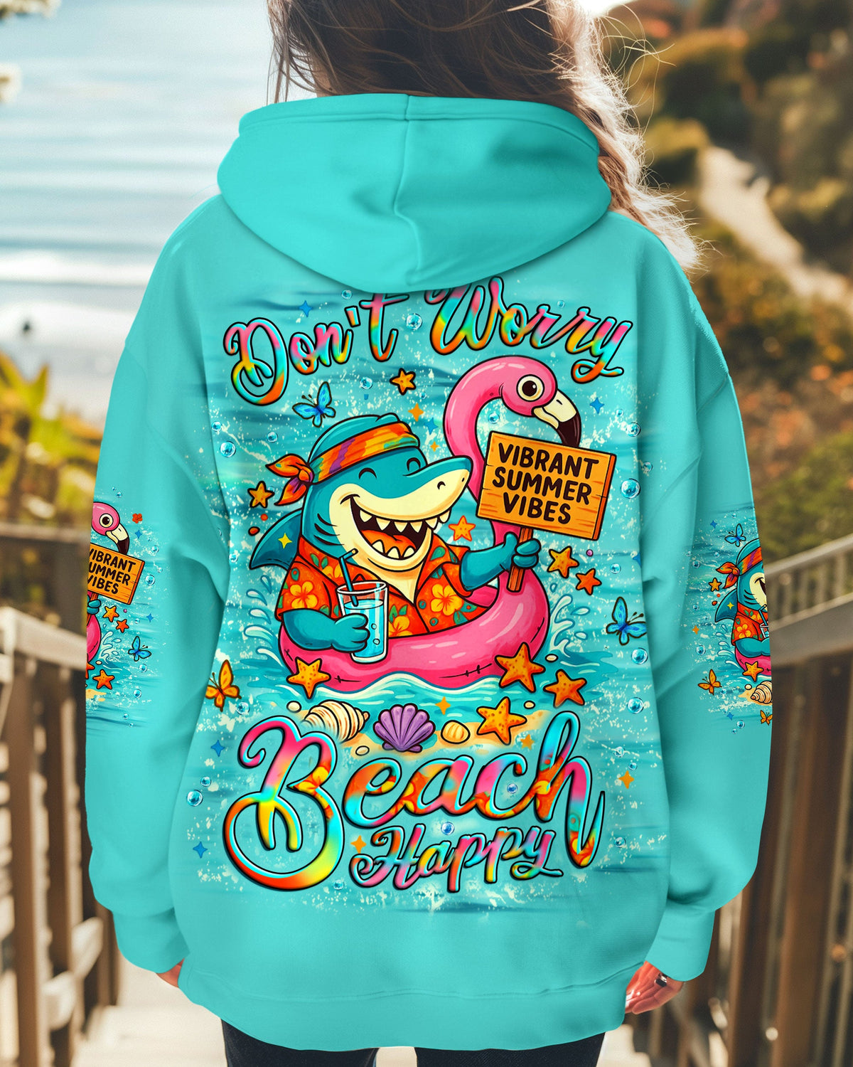 BLISSCORNERS DON'T WORRY BEACH HAPPY SHARK ALL OVER PRINT