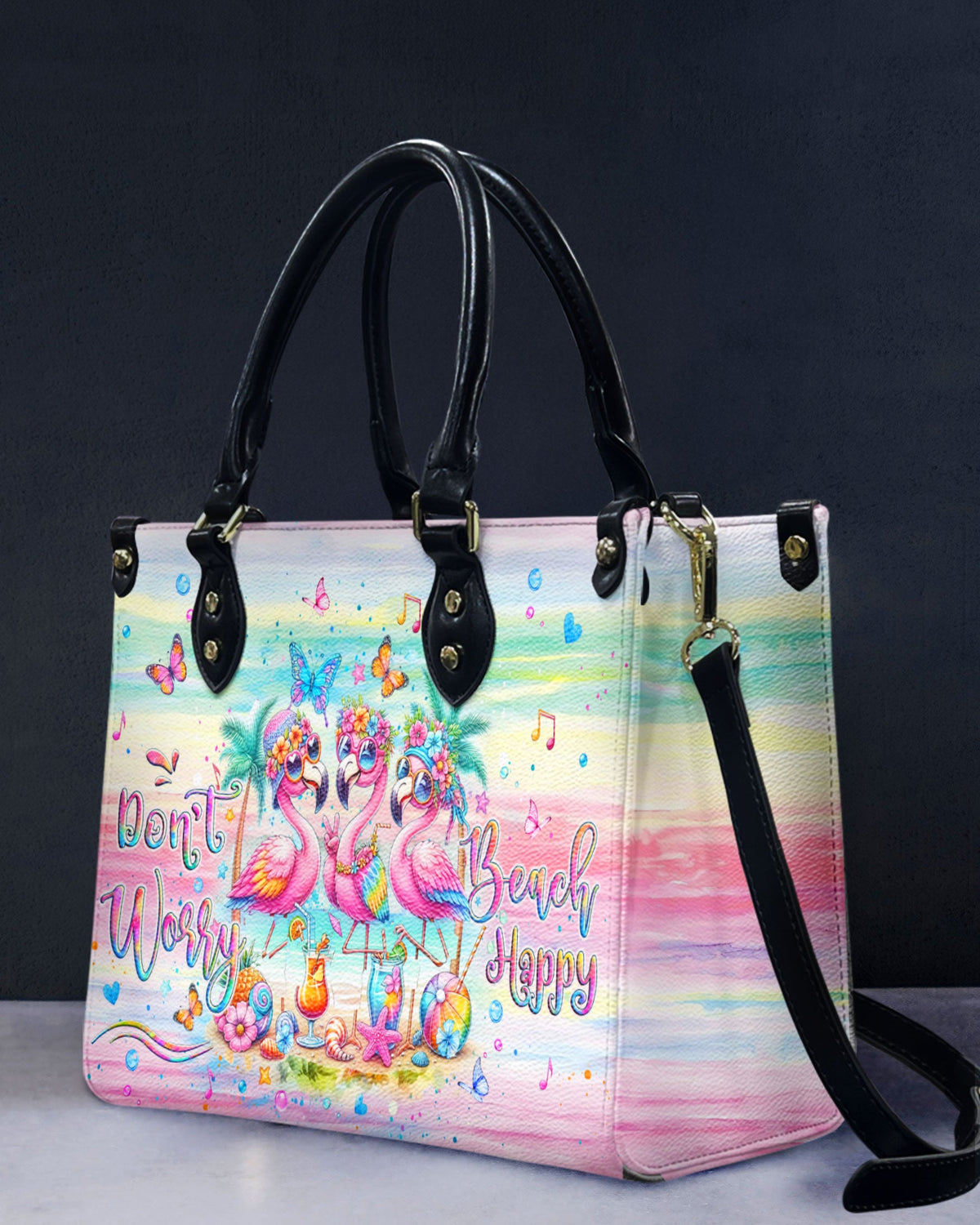 BLISSCORNERS DON'T WORRY BEACH HAPPY FLAMINGO LEATHER HANDBAG