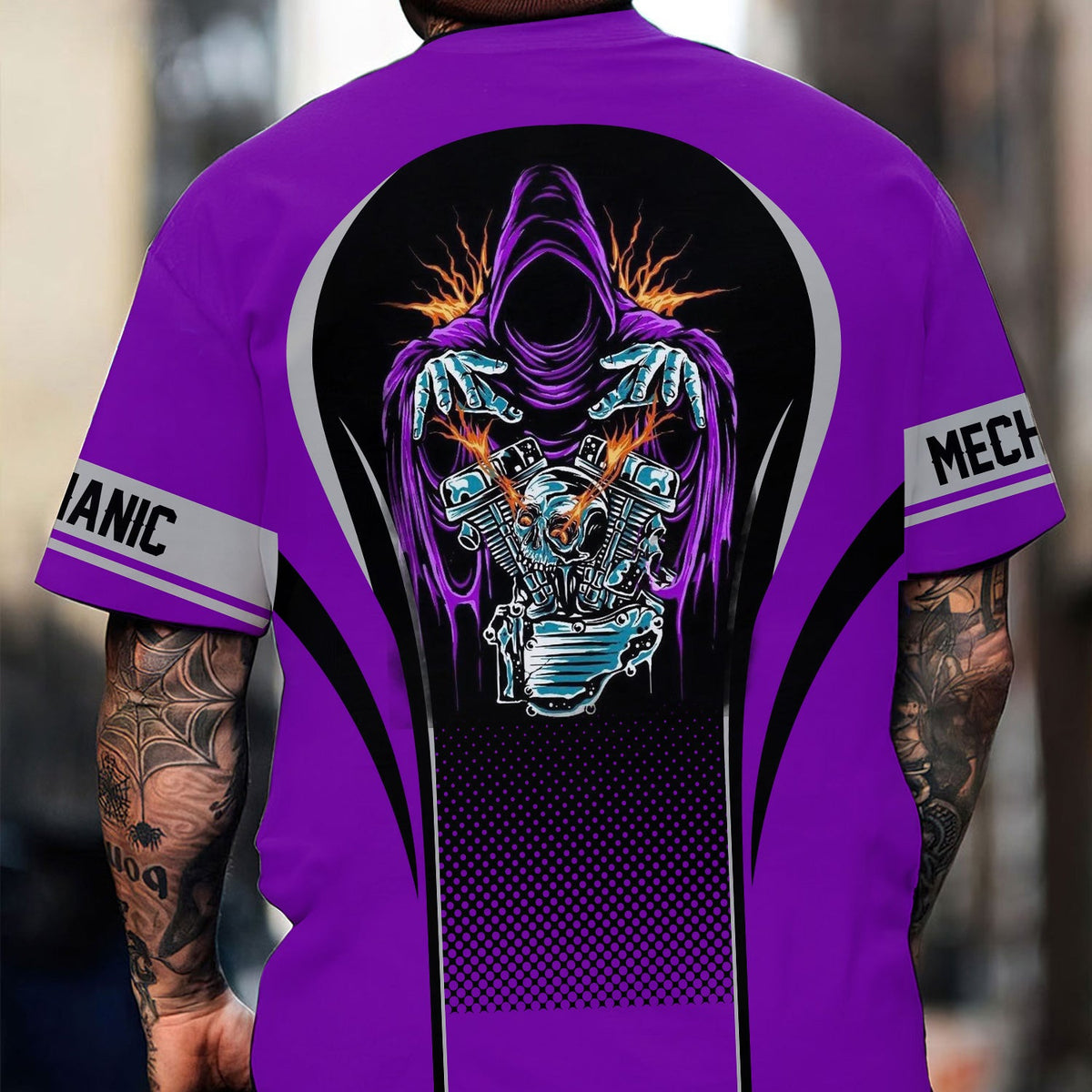 Blisscorners Custom Mechanic Shirt, Personalized Work Uniform, Custom Name &amp; Department, Cool Mechanic Graphic Tee, Purple Engine Skull Design