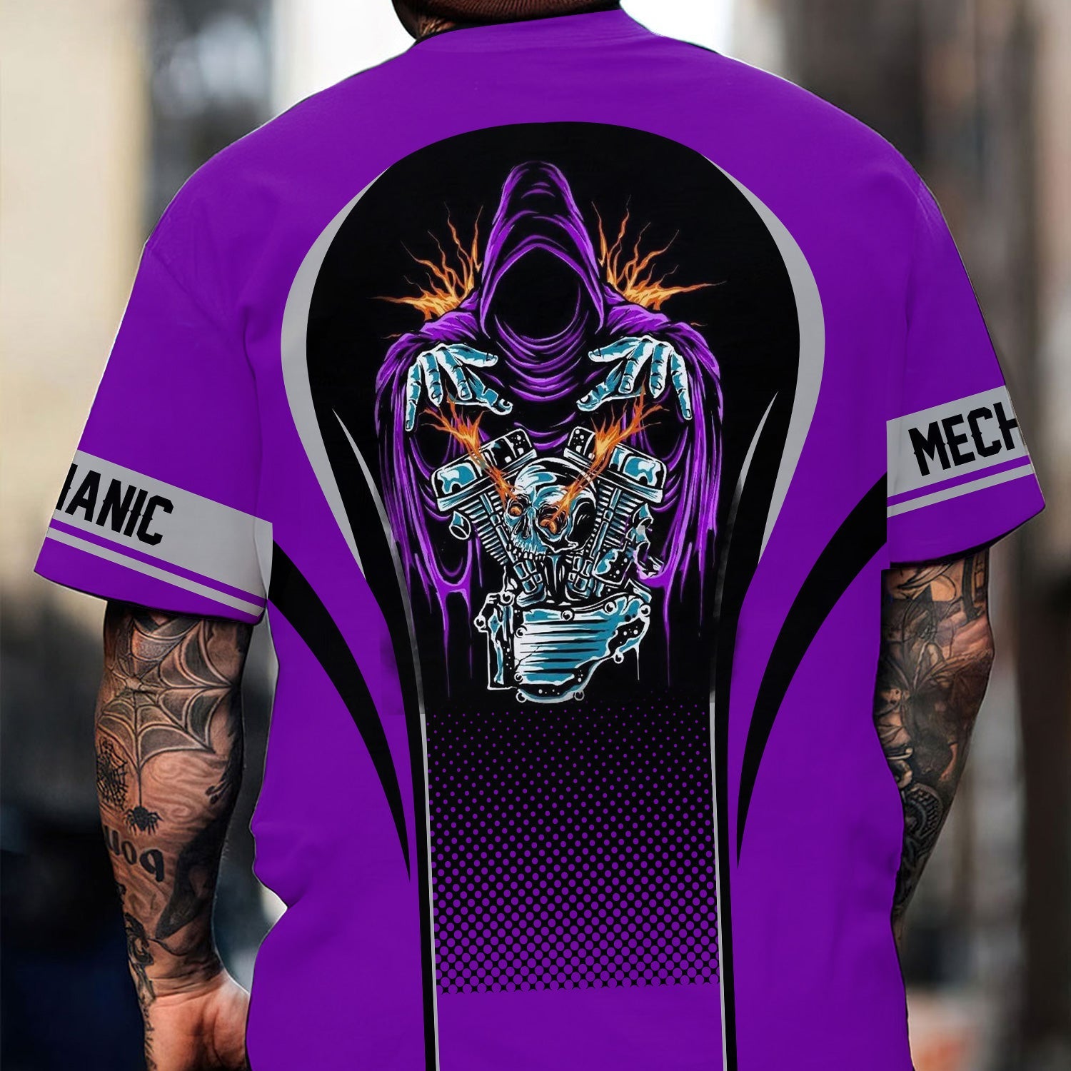 Blisscorners Custom Mechanic Shirt, Personalized Work Uniform, Custom Name & Department, Cool Mechanic Graphic Tee, Purple Engine Skull Design
