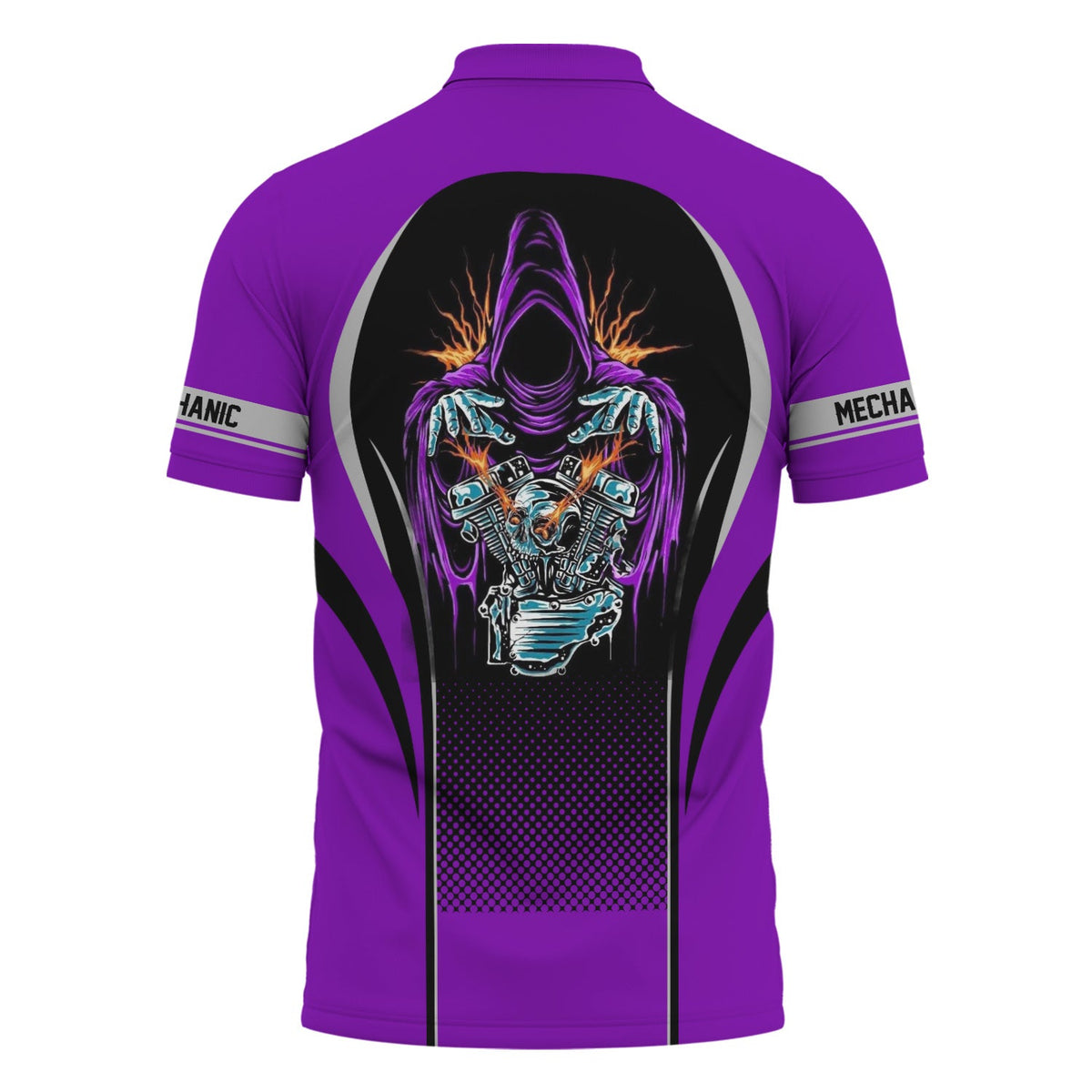 Blisscorners Custom Mechanic Shirt, Personalized Work Uniform, Custom Name & Department, Cool Mechanic Graphic Tee, Purple Engine Skull Design