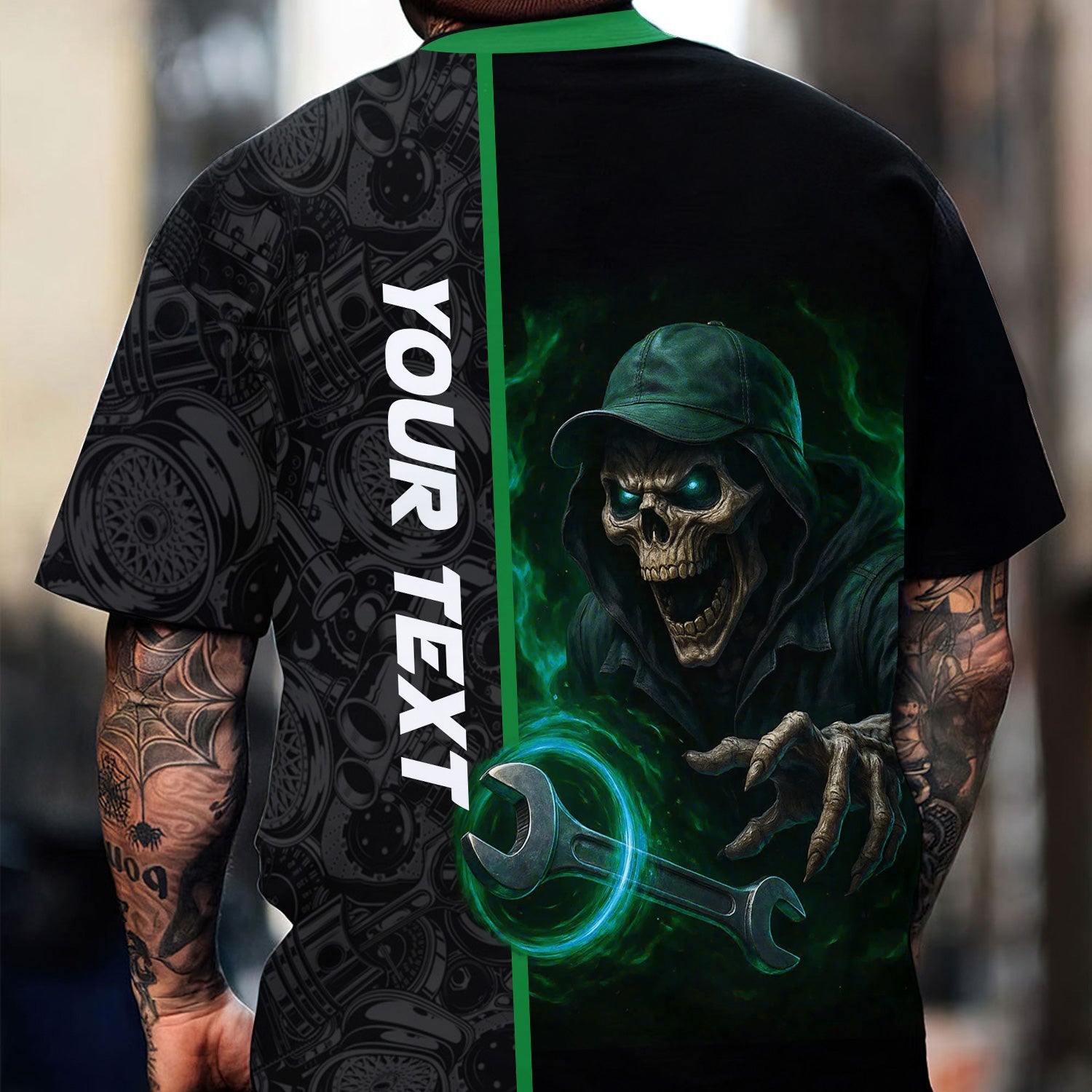 Blisscorners Personalized Mechanic Shirt for Men, Custom Name & Text, Skull & Wrench Design, Cool Mechanics Gift for Father, Husband, DIY Enthusiasts