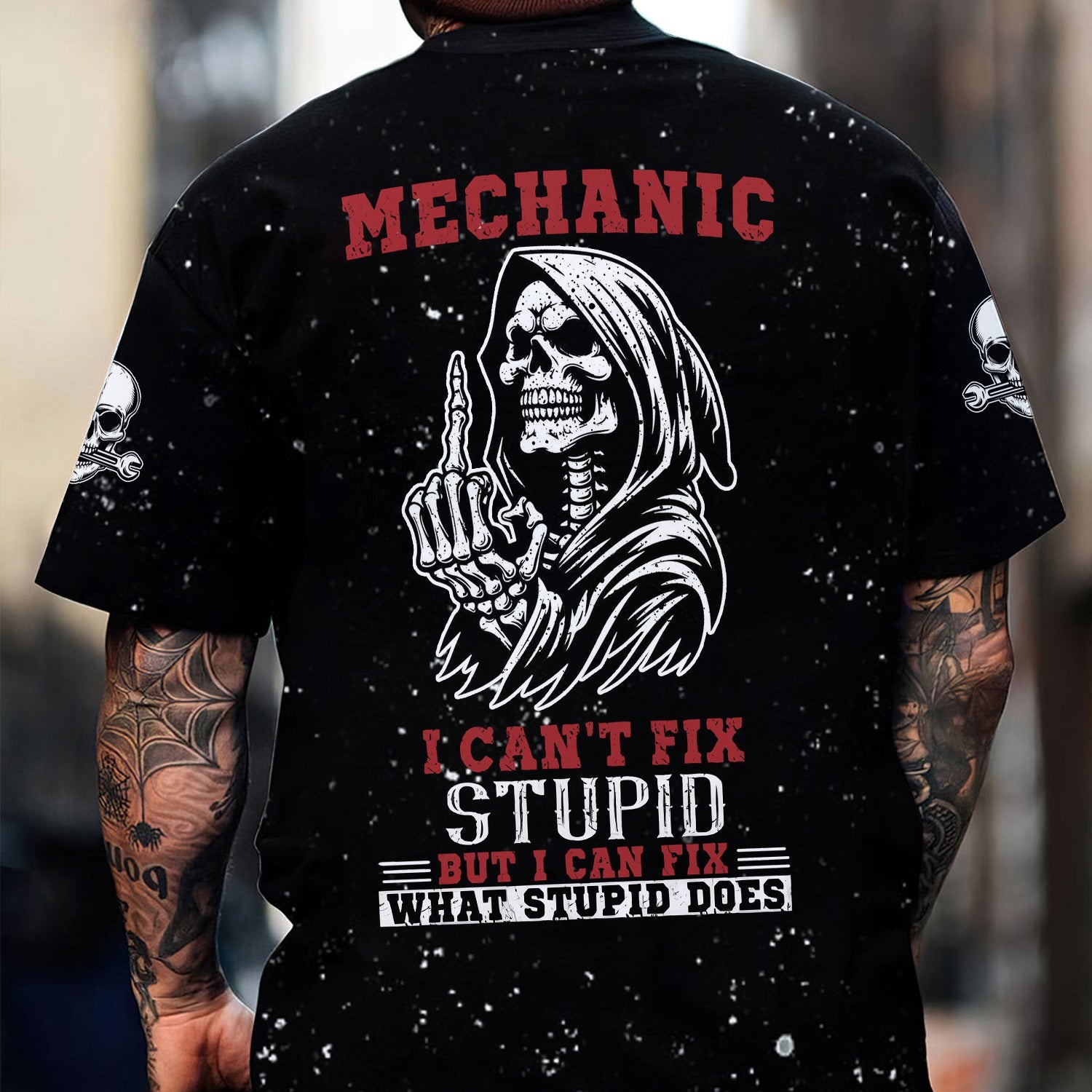 Blisscorners Mechanic Skeleton Shirt, Funny Fix Stupid Graphic Tee, Unique Gift for Mechanics, Skull and Bones Design, Humor Apparel for Auto Repair