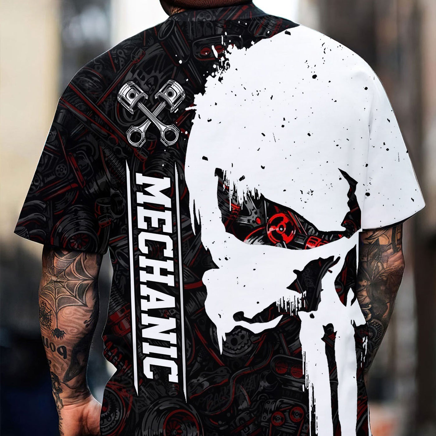 Blisscorners Personalized Mechanic Skull Shirt, Unique Gear Design, Gift for Mechanics & Motorheads, Funny Skull Shirt