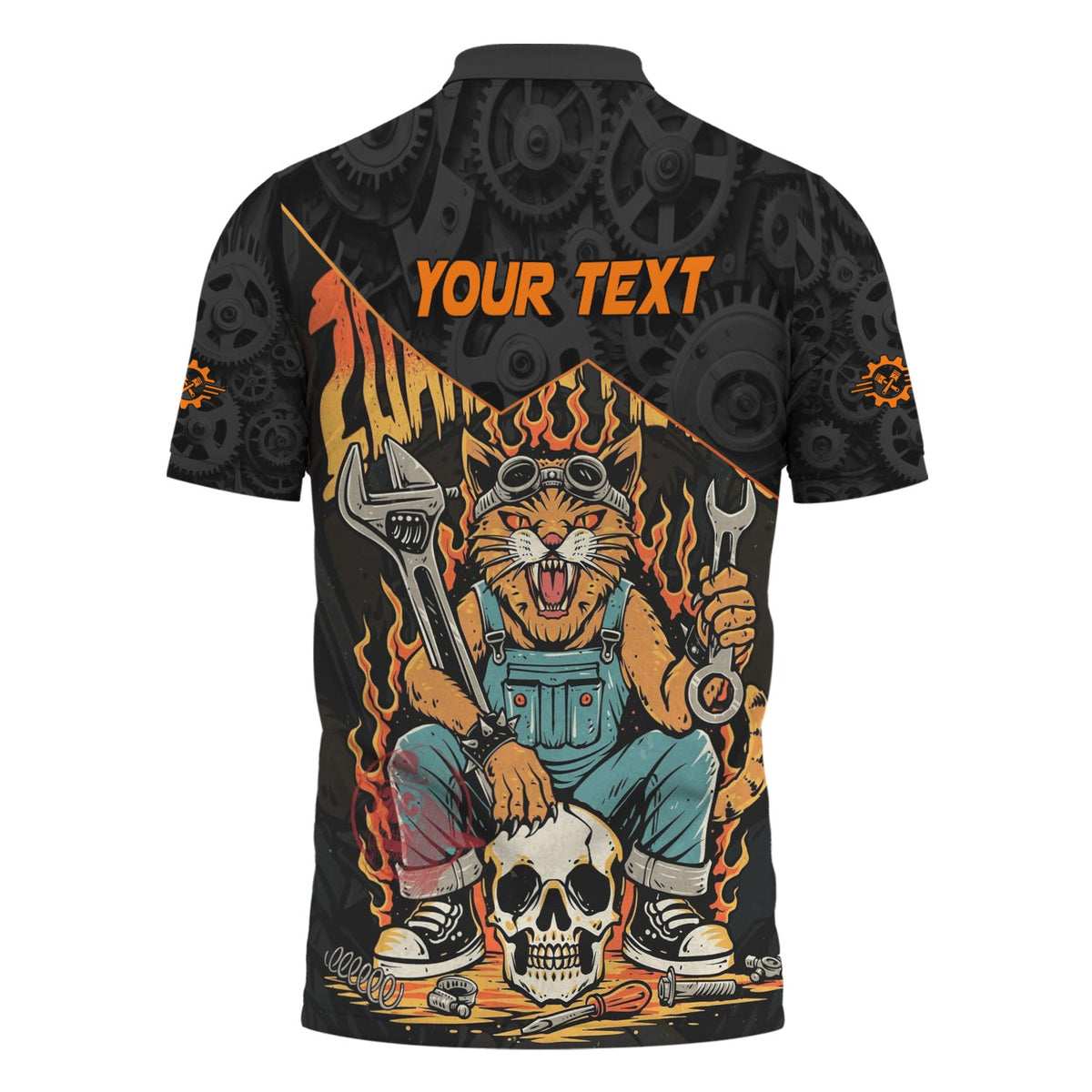 Blisscorners Personalized Mechanic Shirt Custom Name Funny Cat Skull Wrench Flames Auto Repair Garage Workwear Tee Car Repair Shirt Gift For Men Dad