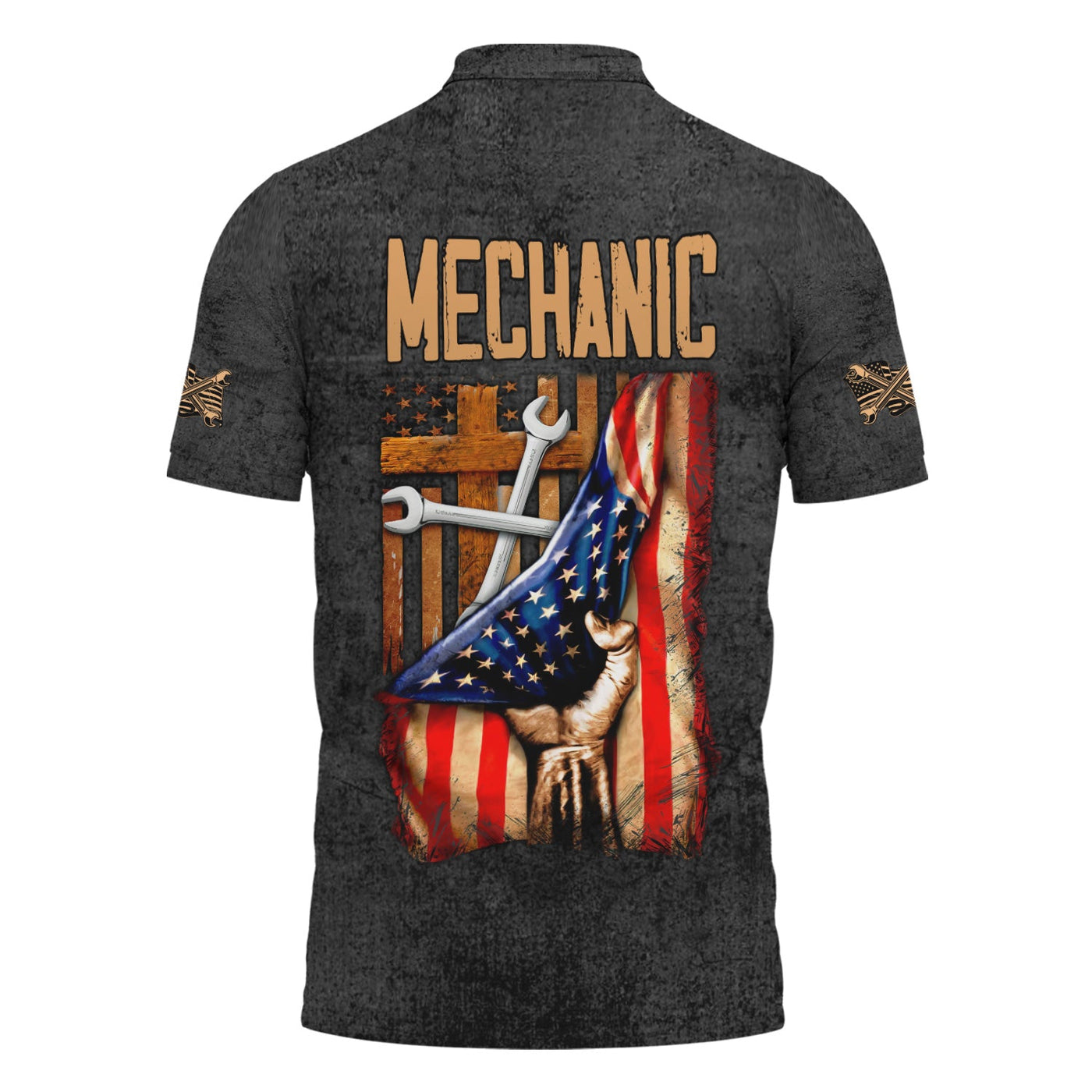 Blisscorners Patriotic Mechanic Shirt, American Flag & Cross Design with Wrenches, Perfect Gift for Christian Mechanics, Car Repair & Garage Fans