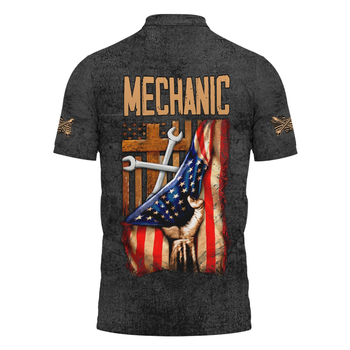 Blisscorners Patriotic Mechanic Shirt, American Flag & Cross Design with Wrenches, Perfect Gift for Christian Mechanics, Car Repair & Garage Fans