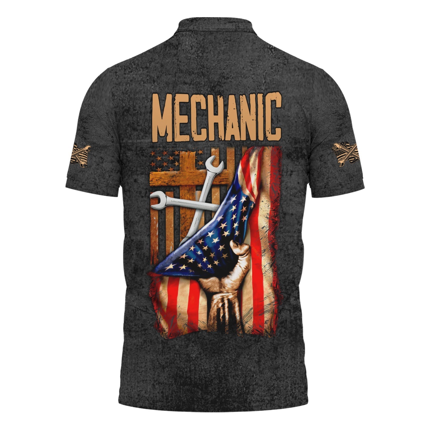 Blisscorners Patriotic Mechanic Shirt, American Flag & Cross Design with Wrenches, Perfect Gift for Christian Mechanics, Car Repair & Garage Fans