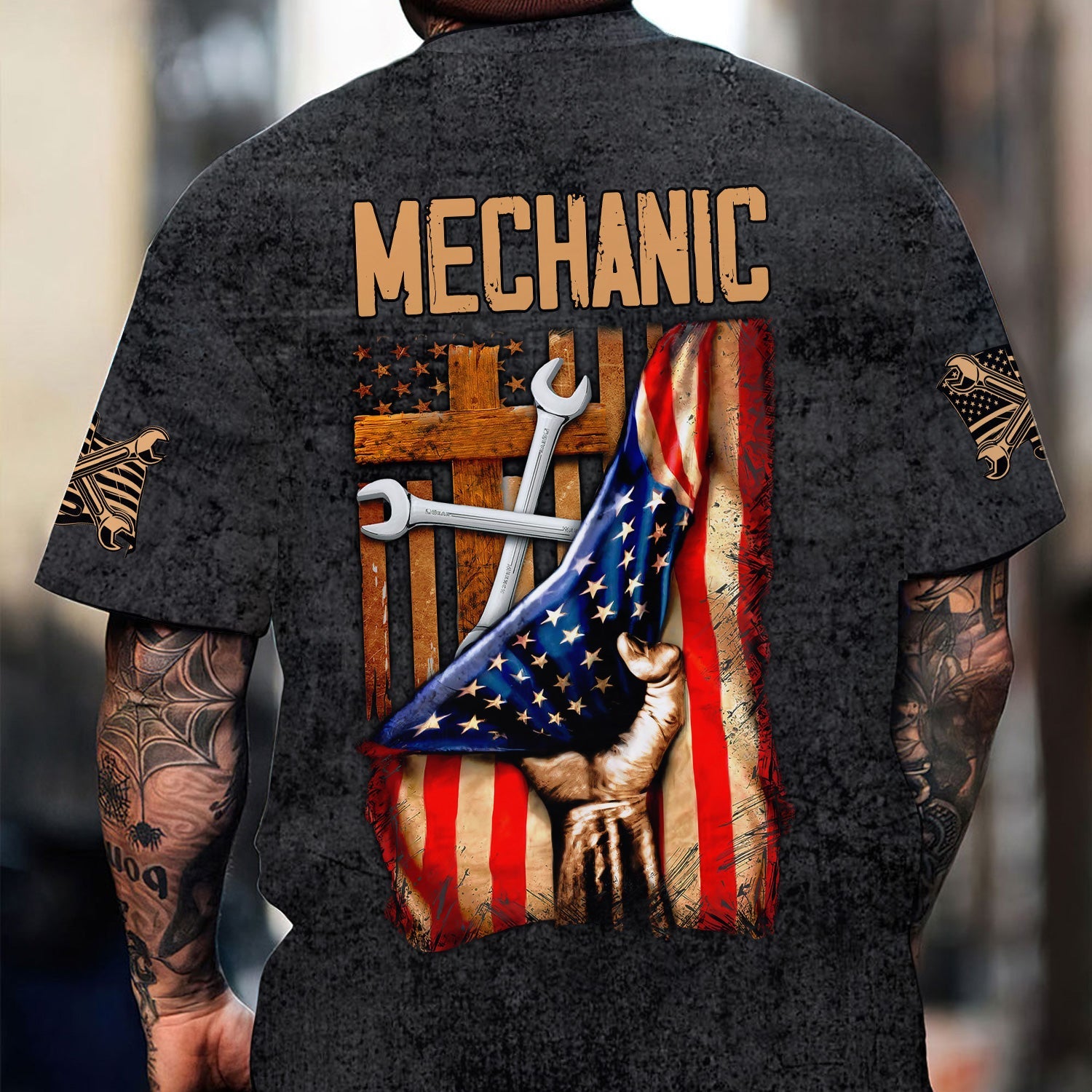 Blisscorners Patriotic Mechanic Shirt, American Flag & Cross Design with Wrenches, Perfect Gift for Christian Mechanics, Car Repair & Garage Fans