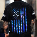 Blisscorners American Flag Mechanic Shirt, Blue Lightning & Tools Graphic, Perfect Patriotic Gift Shirt for Auto Repair Workers & Garage Fans