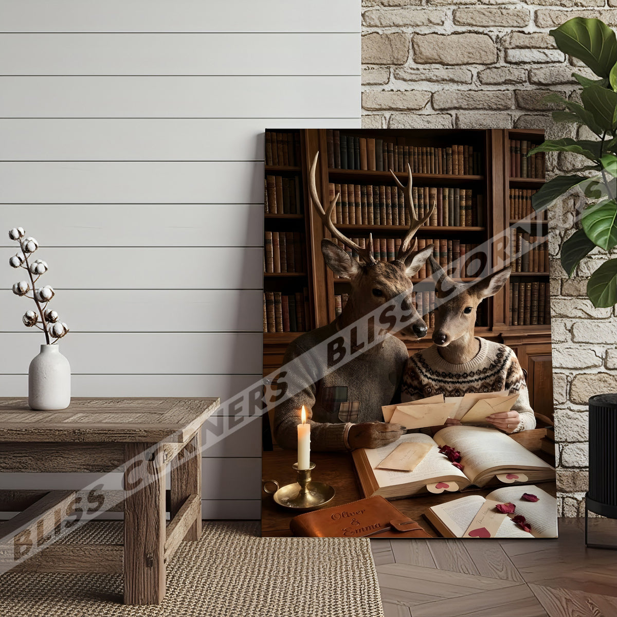 Blisscorners Romantic Deer Couple Reading Love Letters Library Personalized Name Canvas