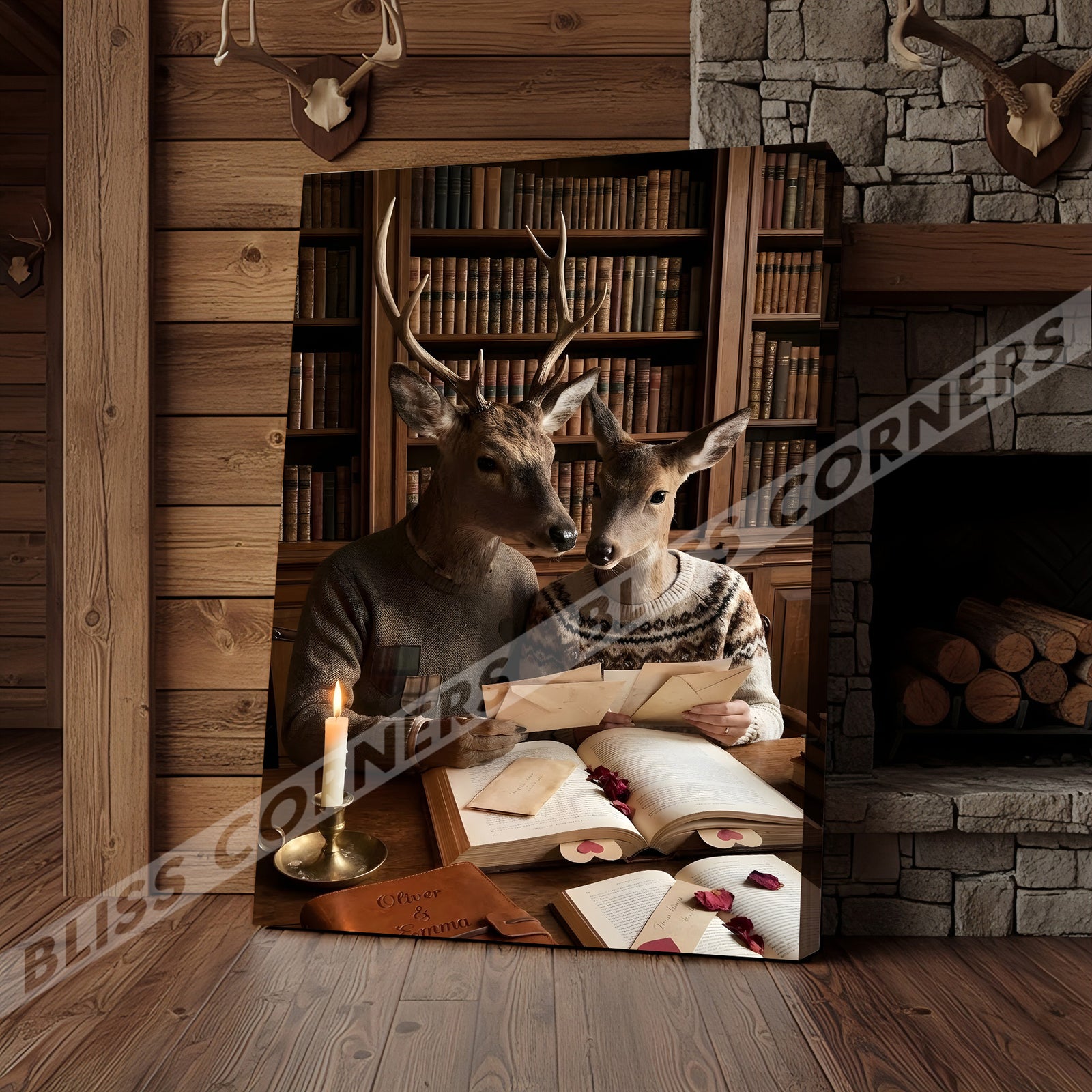 Blisscorners Romantic Deer Couple Reading Love Letters Library Personalized Name Canvas
