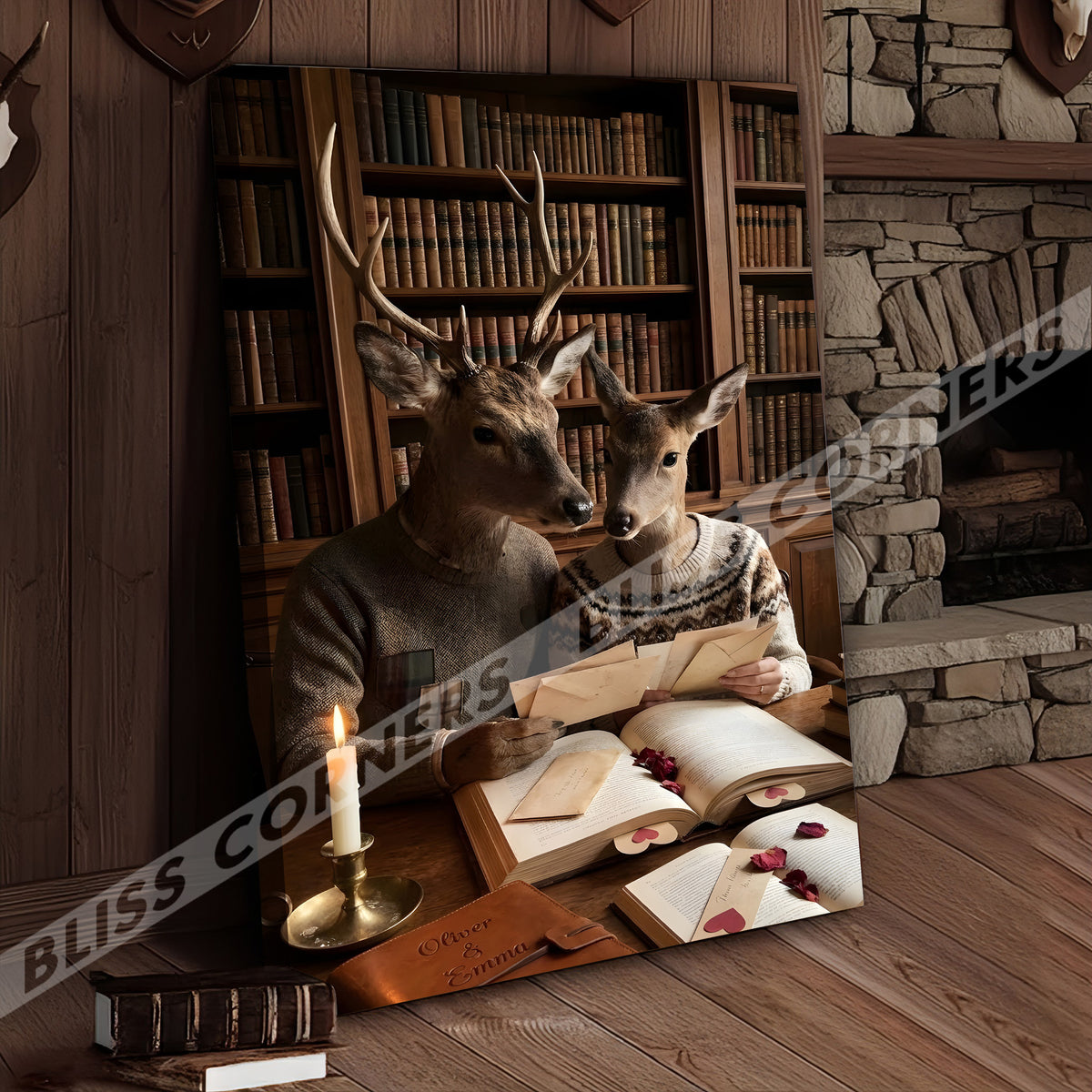 Blisscorners Romantic Deer Couple Reading Love Letters Library Personalized Name Canvas