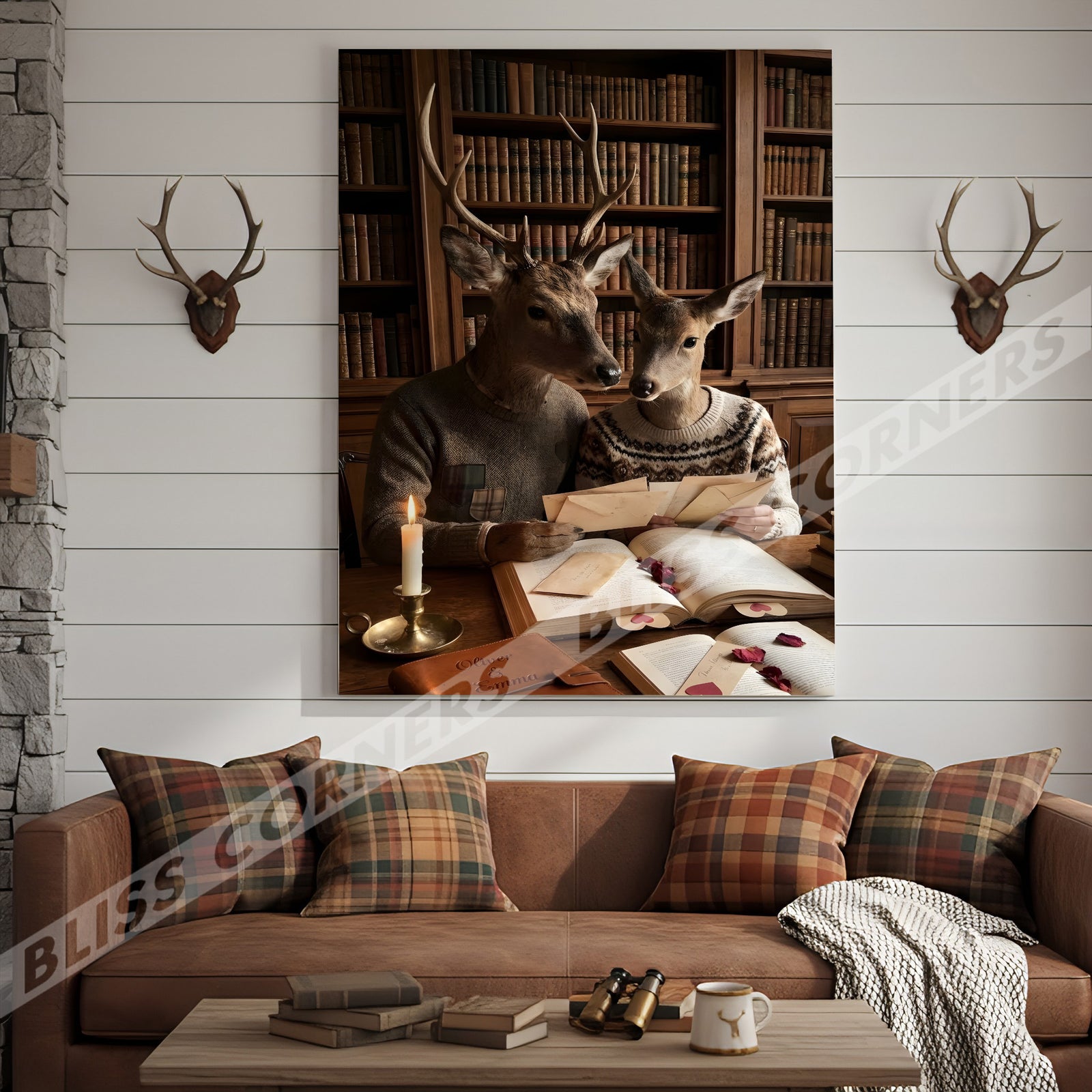 Blisscorners Romantic Deer Couple Reading Love Letters Library Personalized Name Canvas
