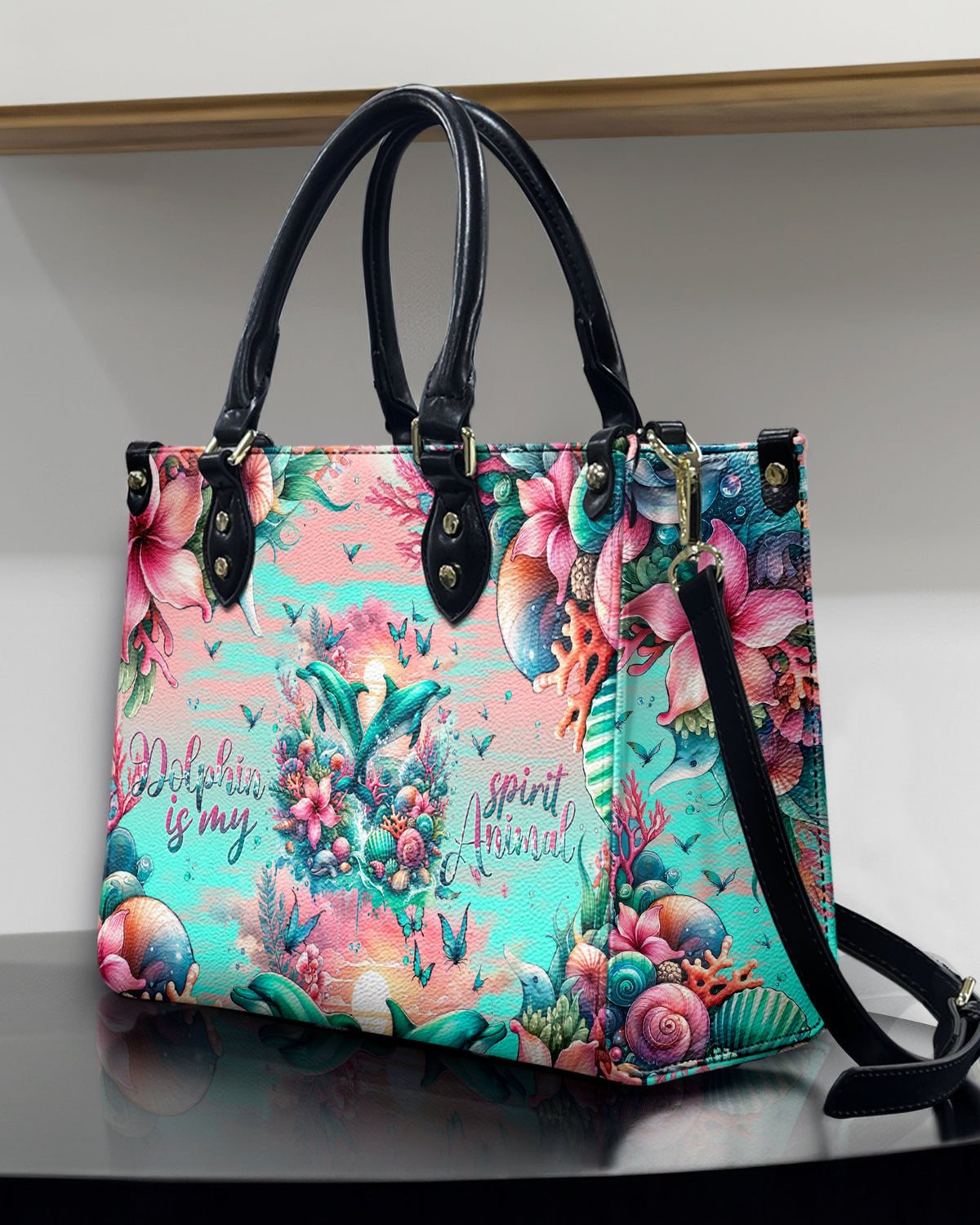 BLISSCORNERS DOLPHIN IS MY SPIRIT ANIMAL LEATHER HANDBAG