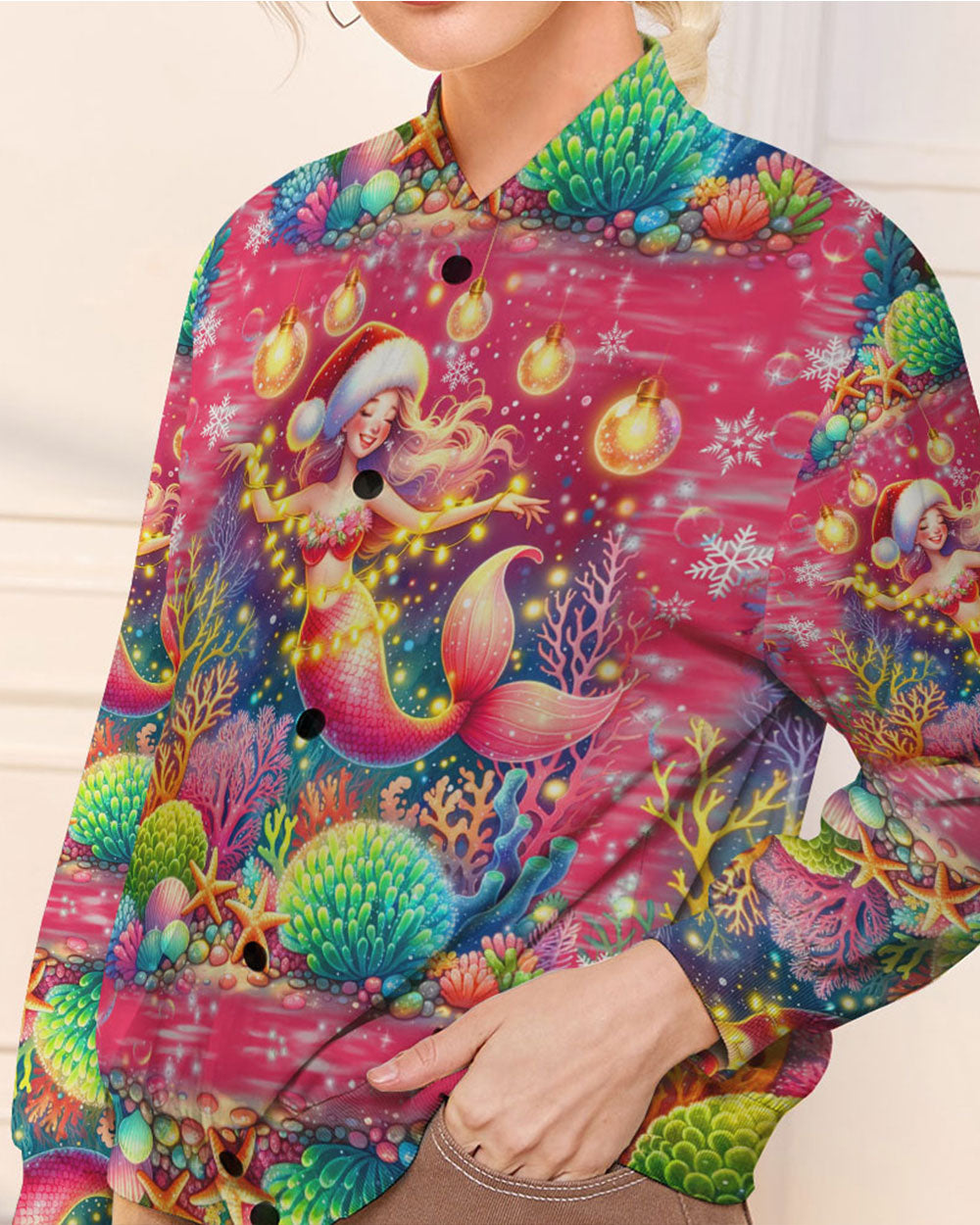 BLISSCORNERS HOLLY JOLLY MERMAID CHRISTMAS BOMBER JACKET
