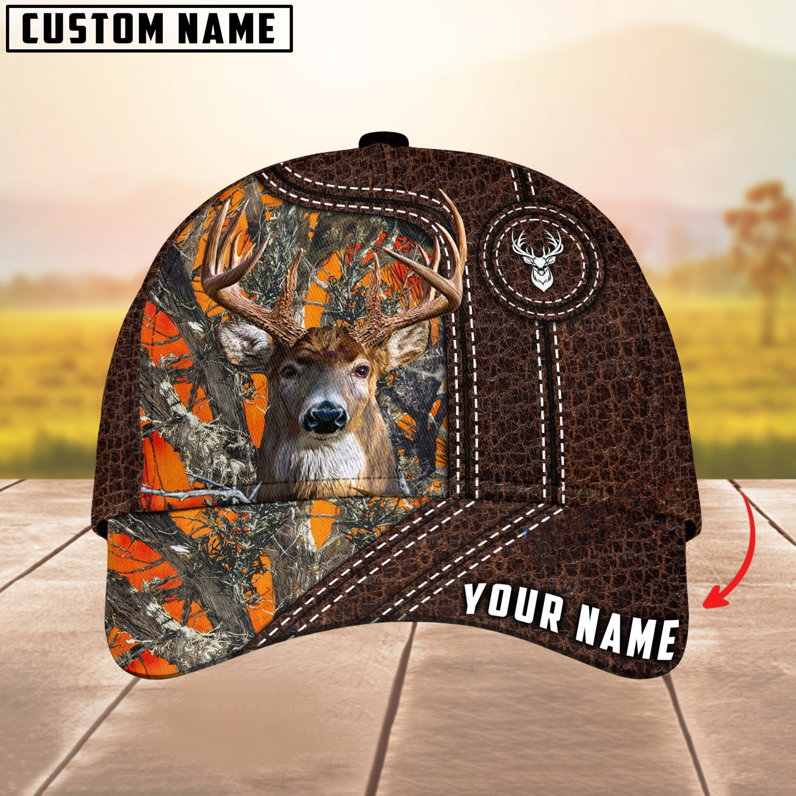 Blisscorners Deer Hunting Premium Leather Pattern Mutilcolored Personalized Name 3D Cap