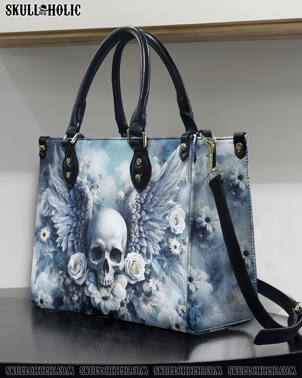 BLISSCORNERS SKULL WITH WINGS AND ROSES LEATHER HANDBAG