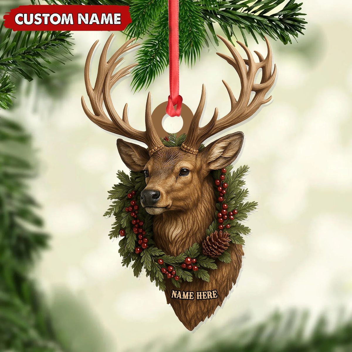 Blisscorners Personalized Rustic Deer Head Christmas Acrylic Ornament - 3D Holiday Decor & Perfect Gift for Hunters & Nature Lovers