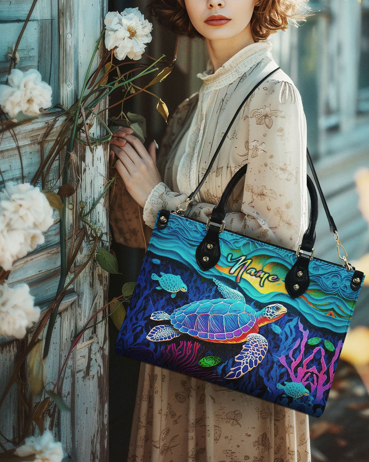 BLISSCORNERS BLUE TURTLE BEACH LEATHER HANDBAG